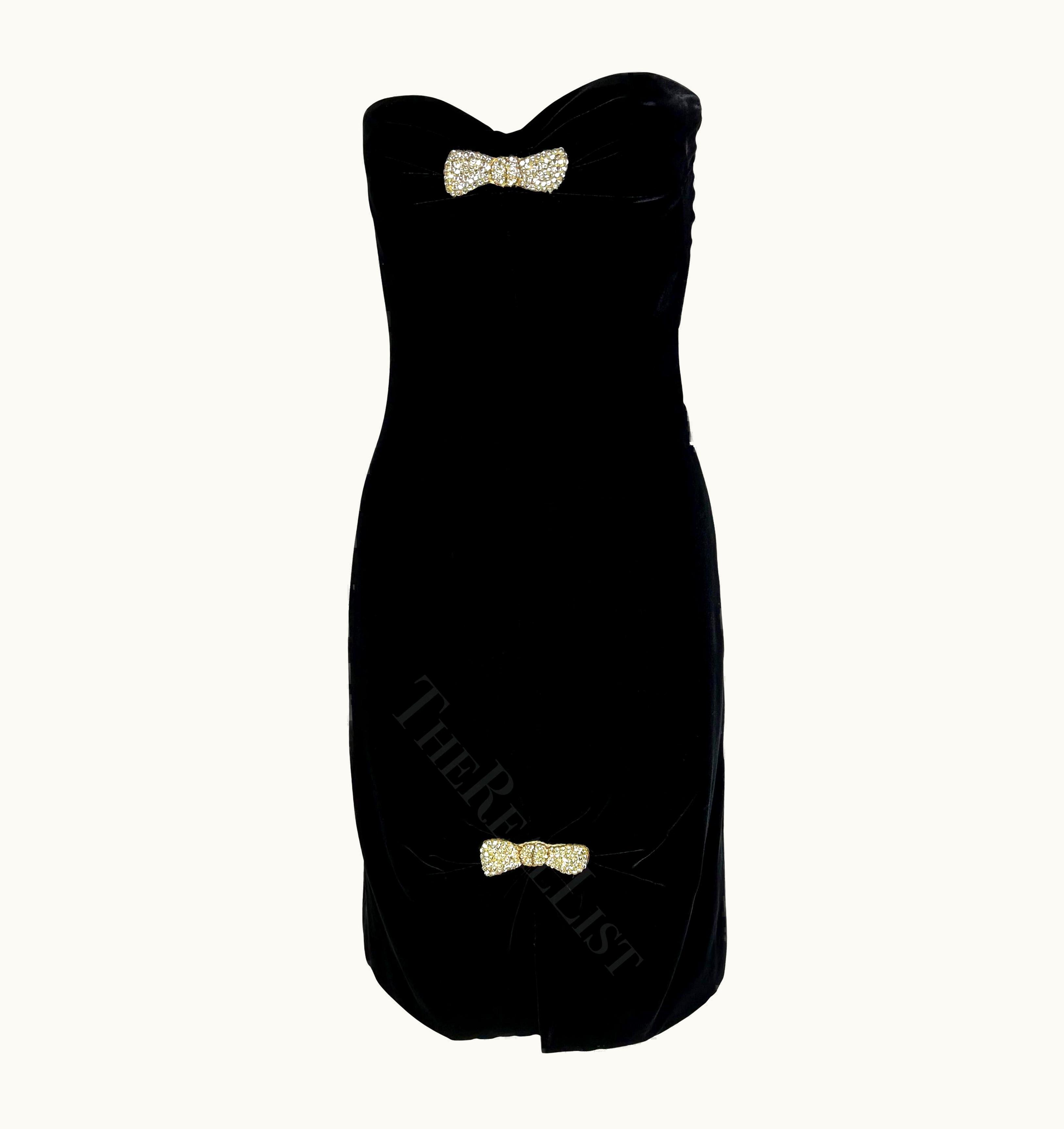 Valentino AW 1985 Valentino Garavani Night Black Velvet Corset Mini Dress Rhinestone Bows