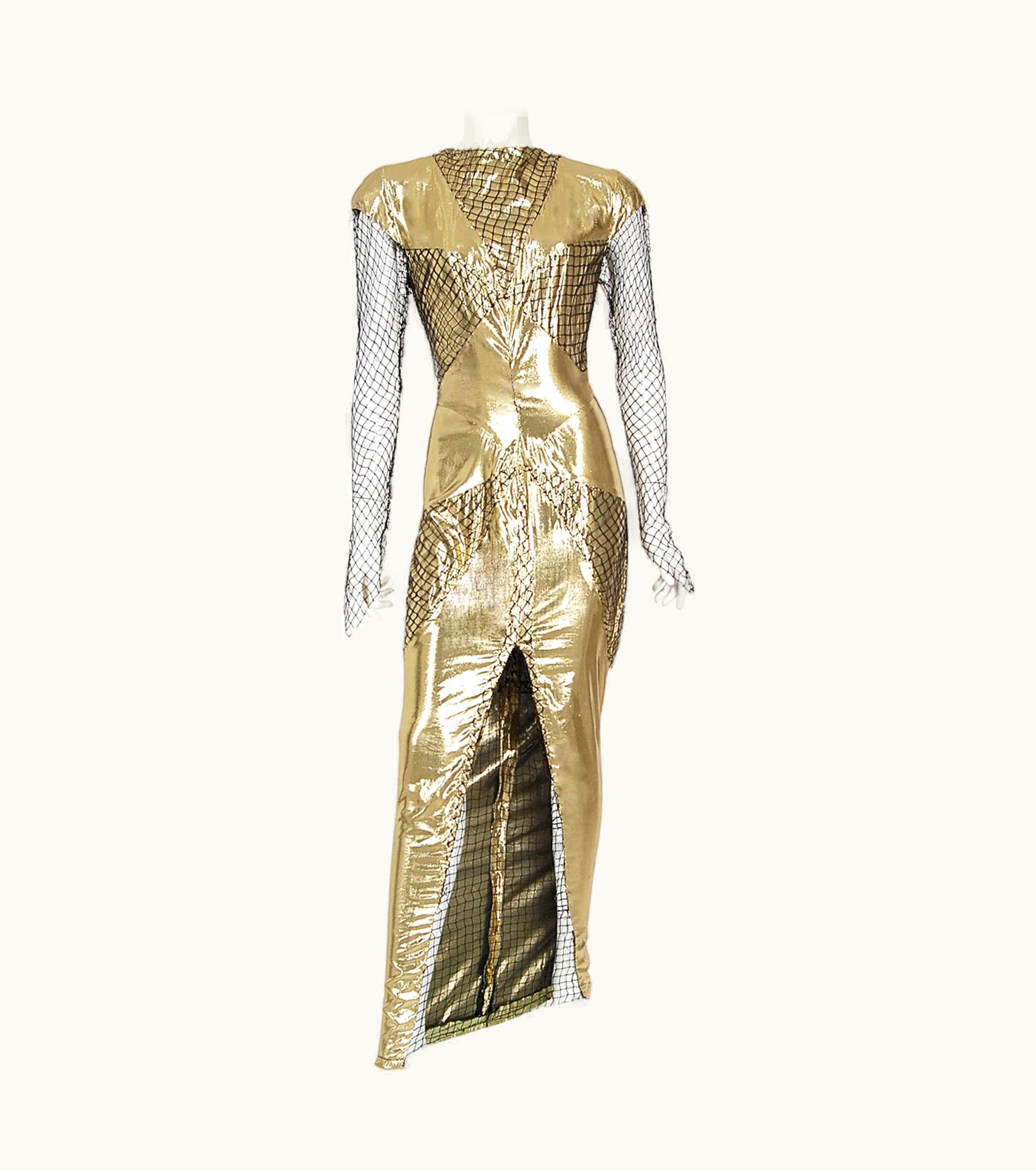 Mugler Vintage 1985 Thierry Mugler Couture Metallic Gold Lamé & Fishnet High-Slit Gown