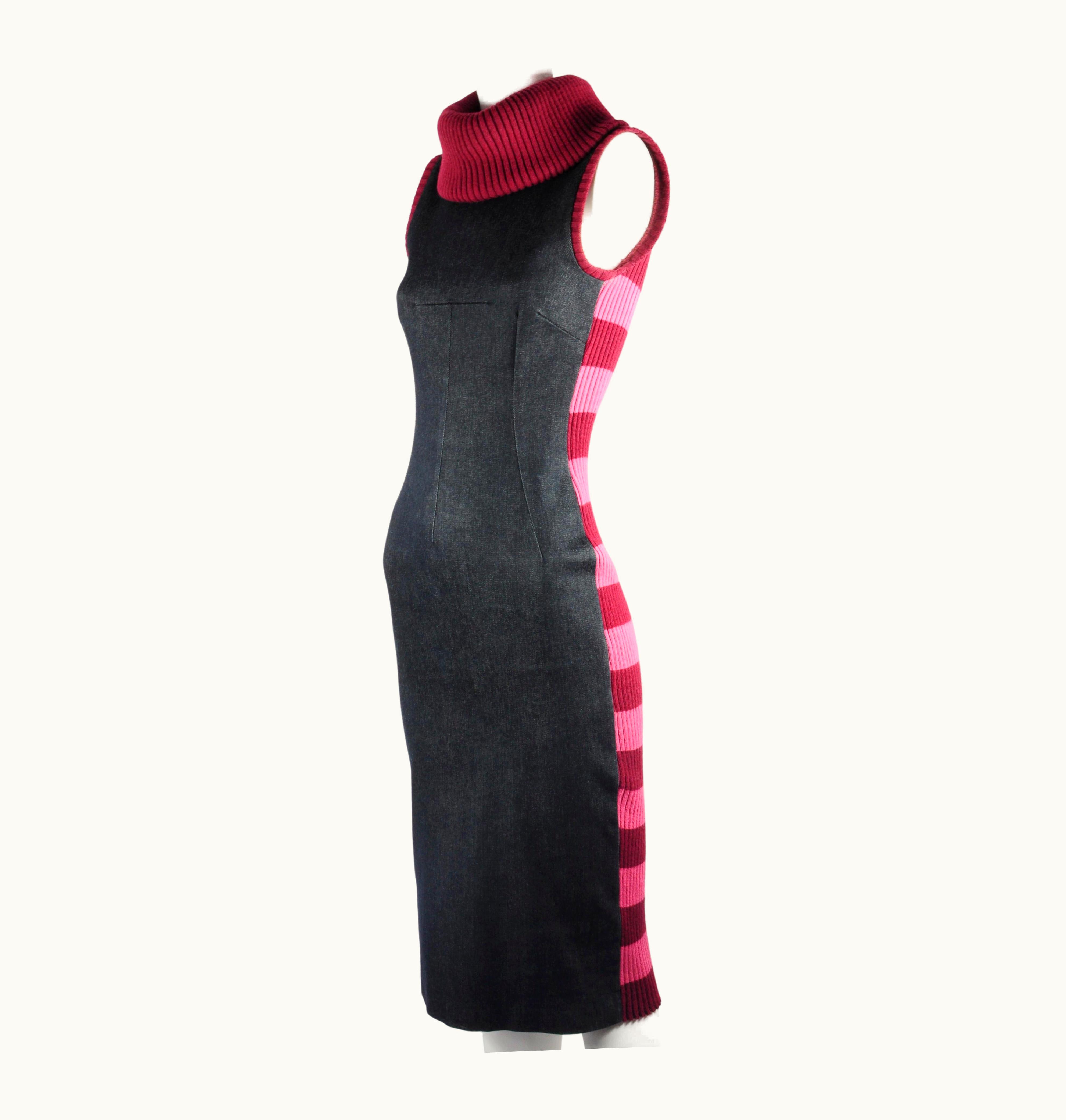 Dolce & Gabbana D&G Dolce & Gabbana Denim And Knitwear Dress Striped Turtleneck Sleeveless 1990s