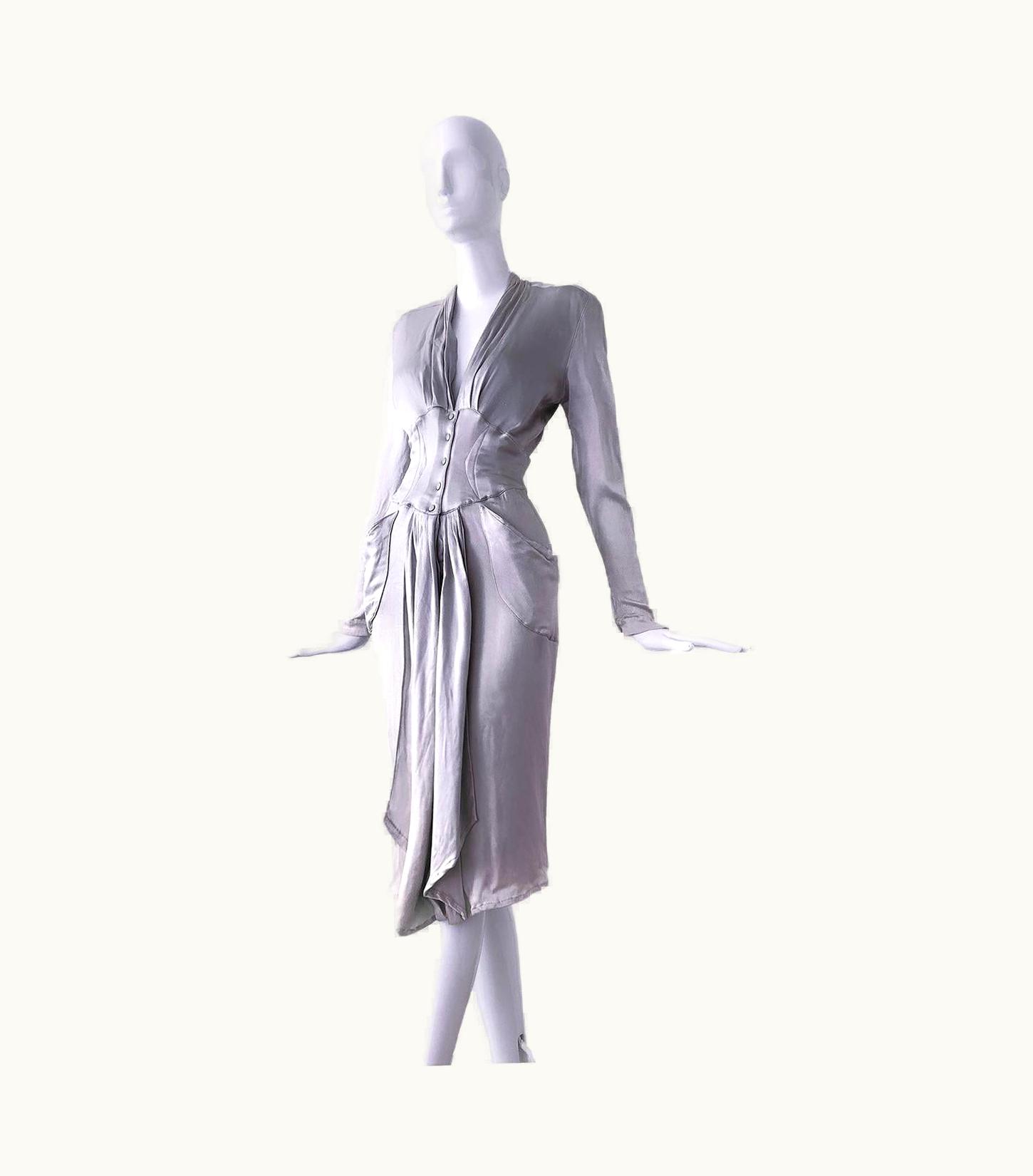 Mugler Epic Thierry Mugler AW1986 Silver Metallic Liquid Silky Goddess Dress Rare