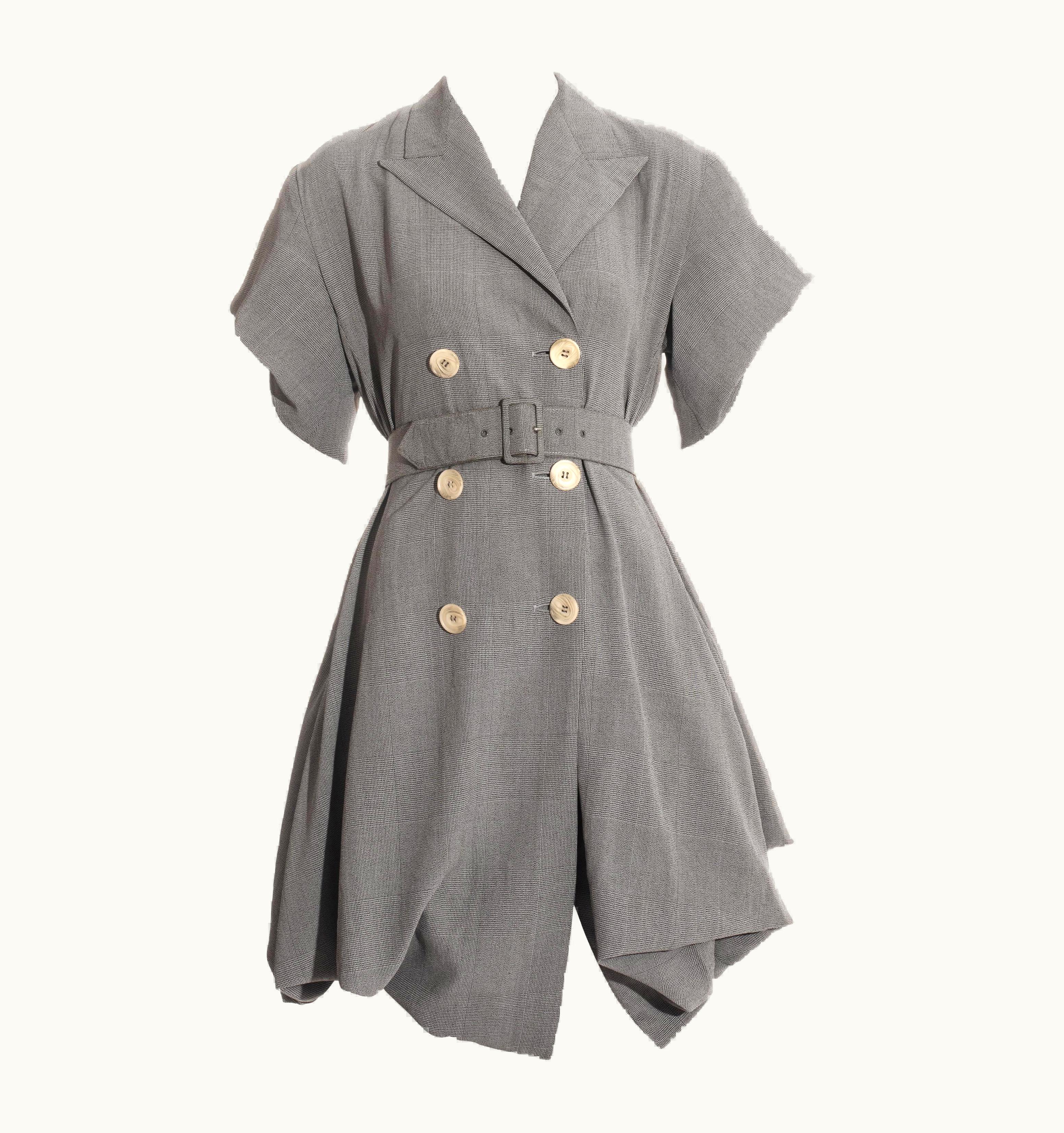 John Galliano John Galliano Grey Rayon Checked Blanche Dubois Bustled Coat Dress, S/S 1988