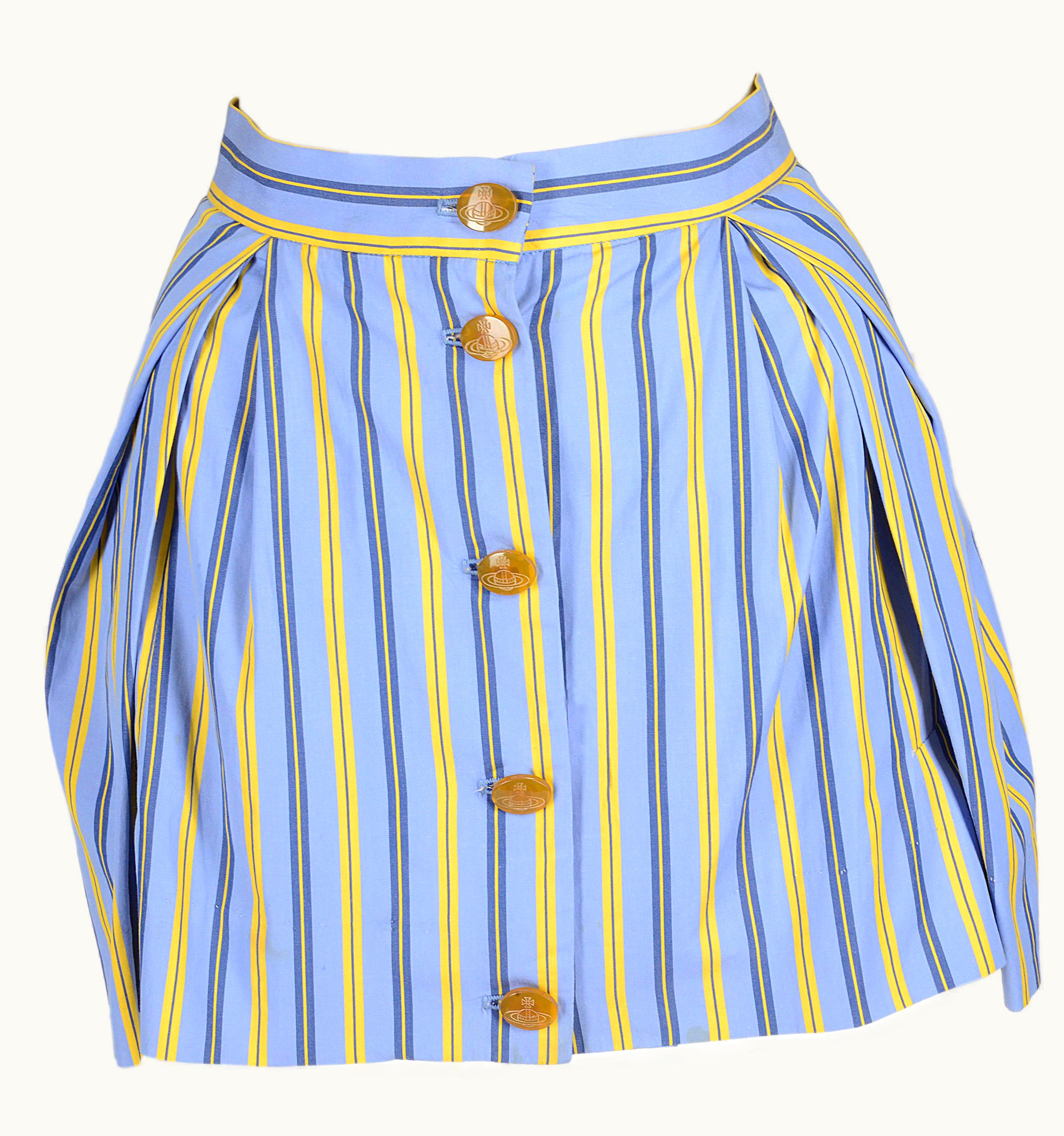 Vivienne Westwood Vivienne Westwood Blue And Yellow Cotton Striped Button Up Mini Skirt