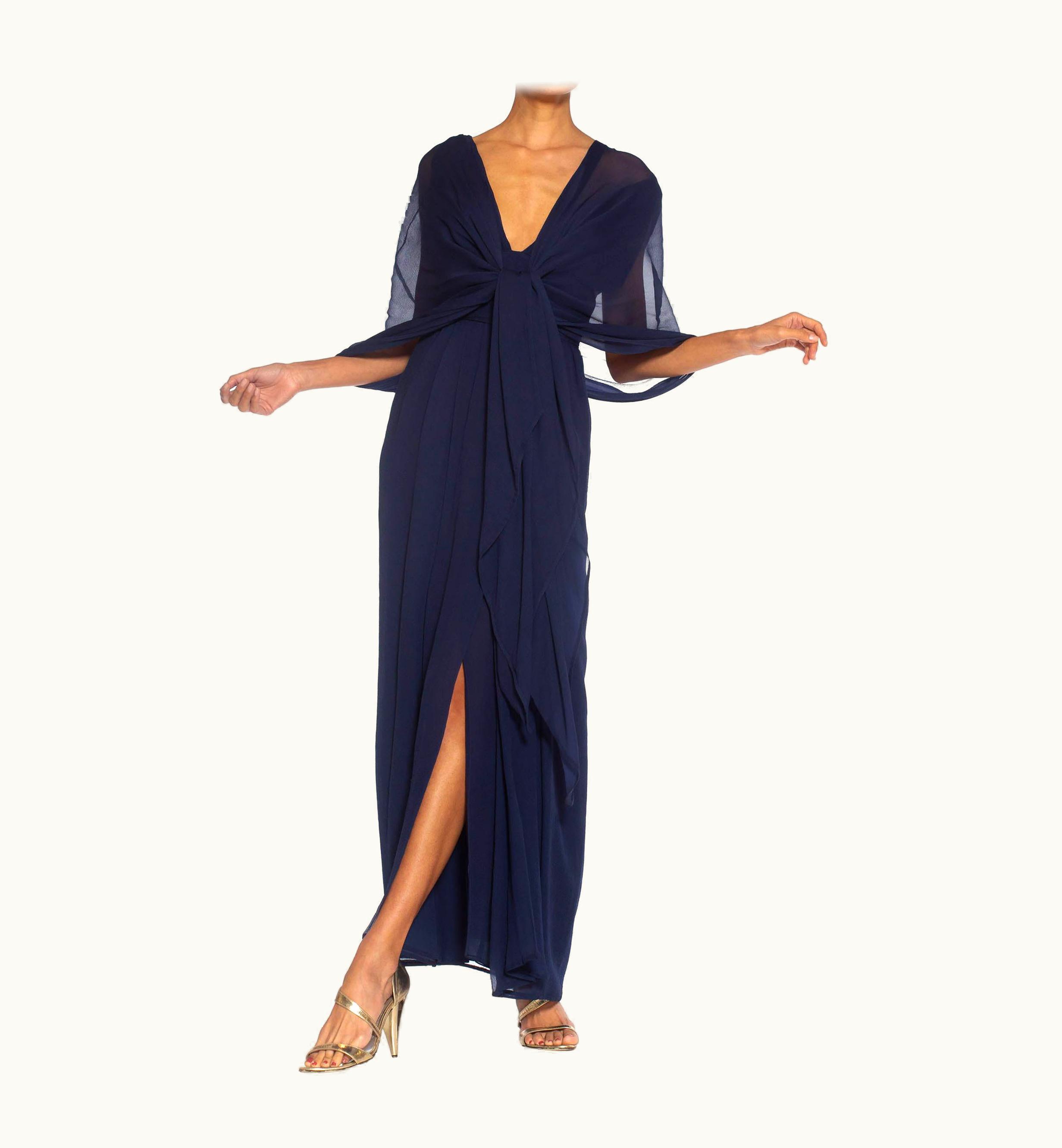Givenchy 1980s Givenchy Navy Blue Haute Couture Silk Chiffon Low Cut Gown 1989