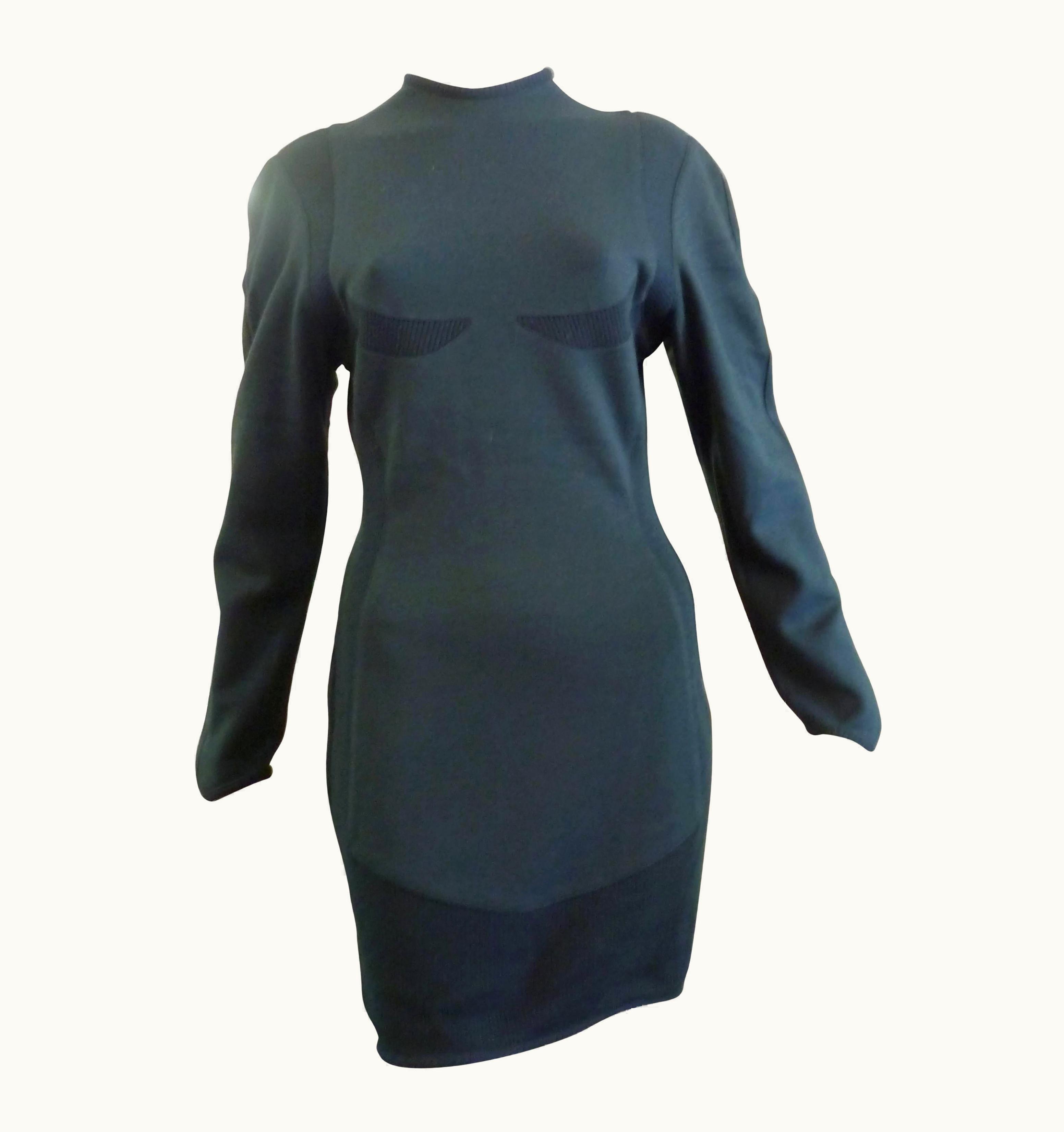 Mugler Thierry Mugler Maille Hunter Green Wool Dress, 1980s