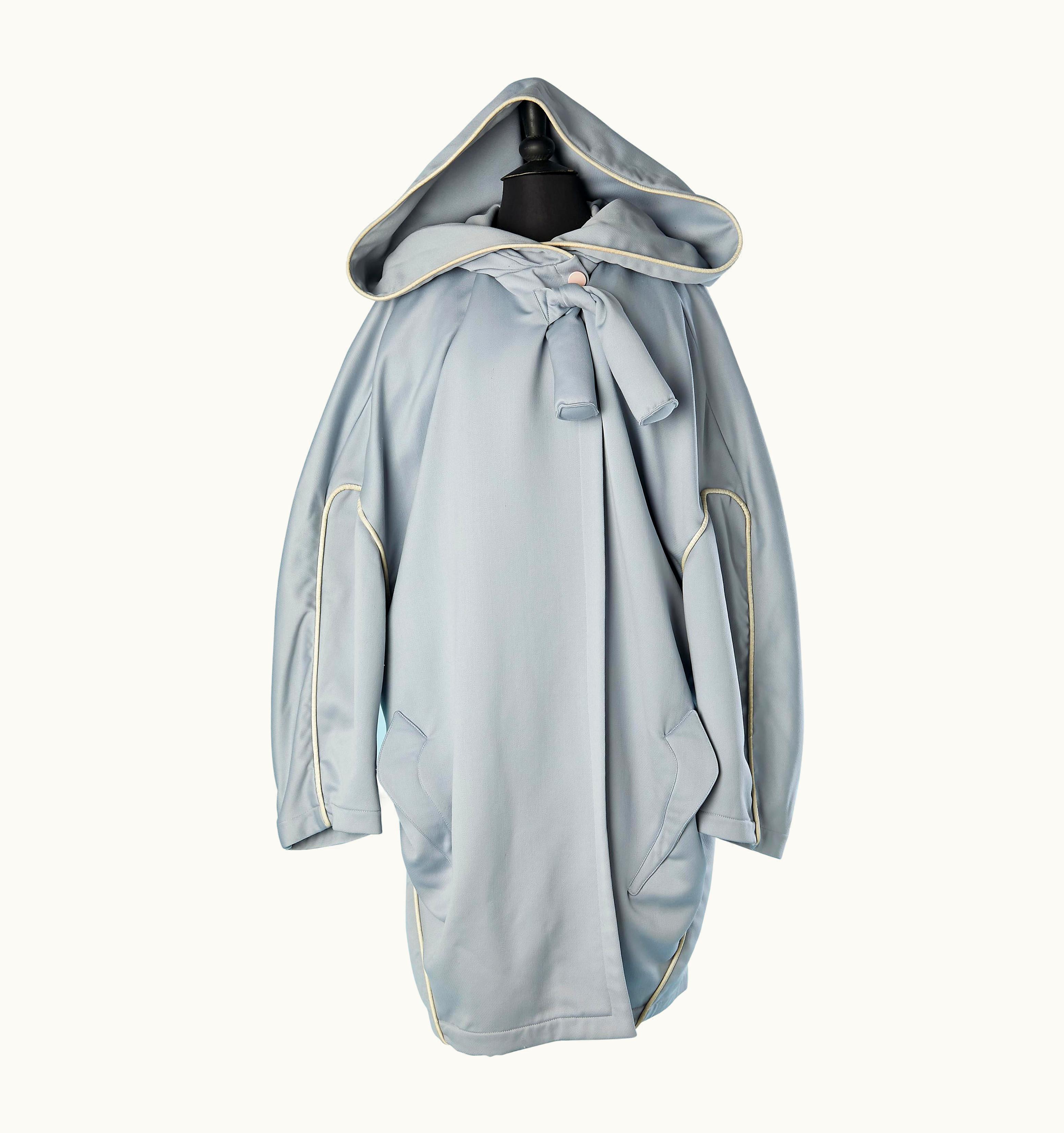 Mugler Pale Blue Wool Oversize Coat With Hood And Leather Piping Thierry Mugler