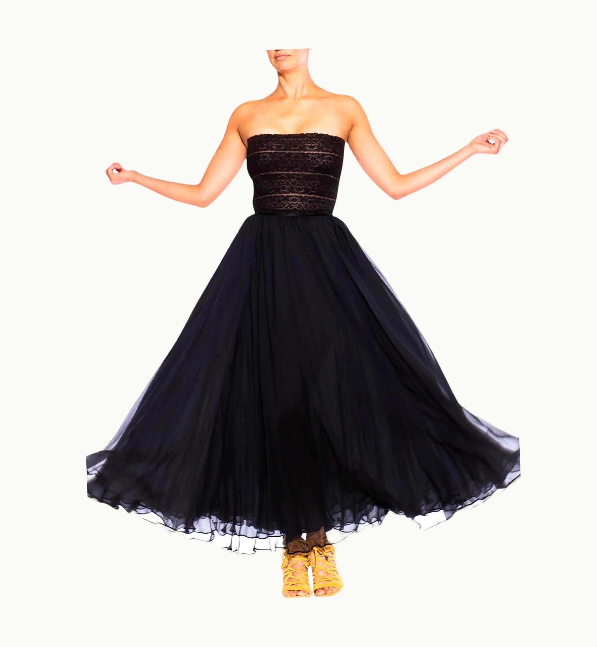 Oscar De La Renta 1980s Oscar De La Renta Black Silk Chiffon & Lace Strapless Gown