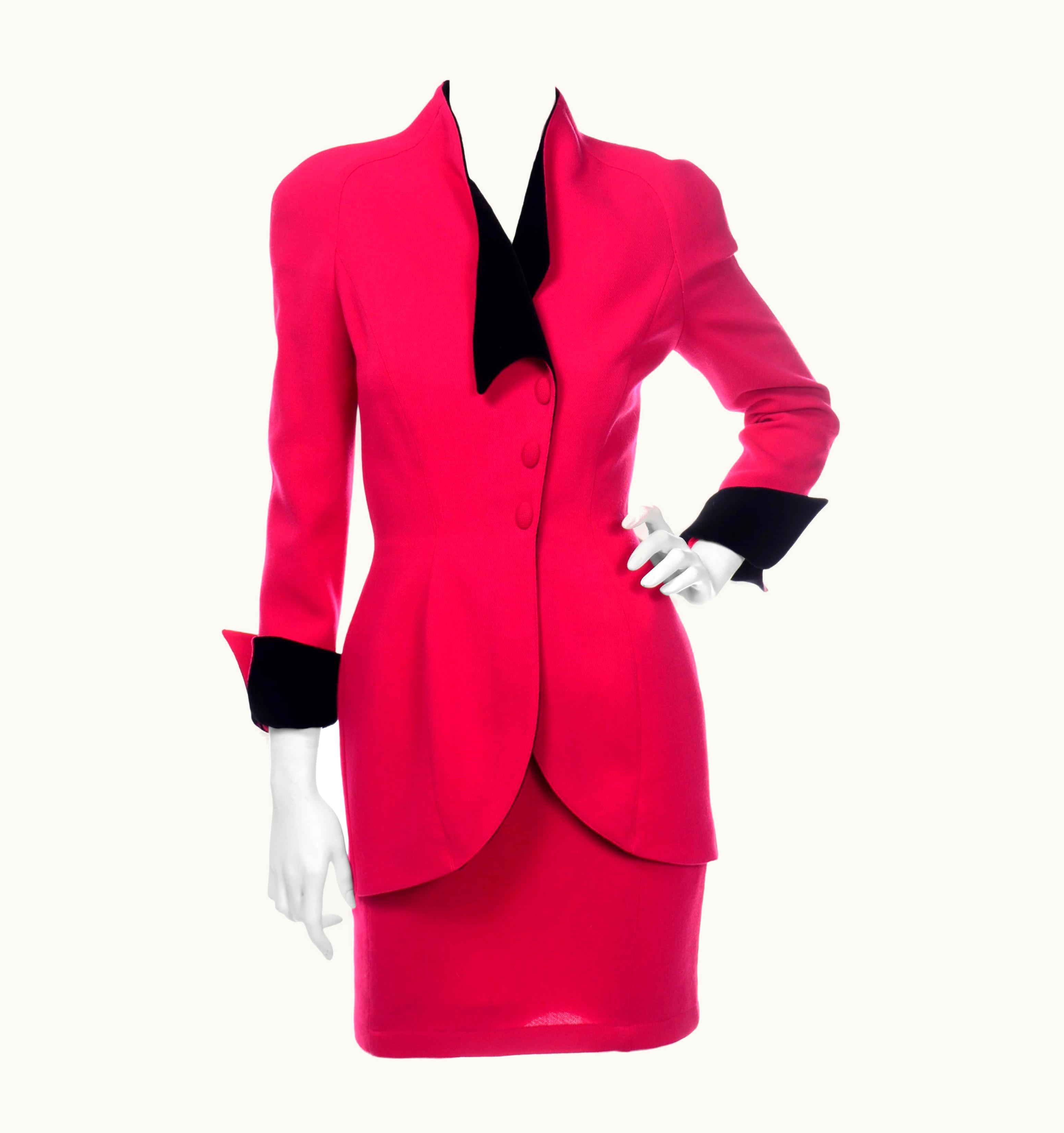 Mugler Thierry Mugler Vintage Strawberry Red Skirt & Blazer Suit W Black Velvet Trim