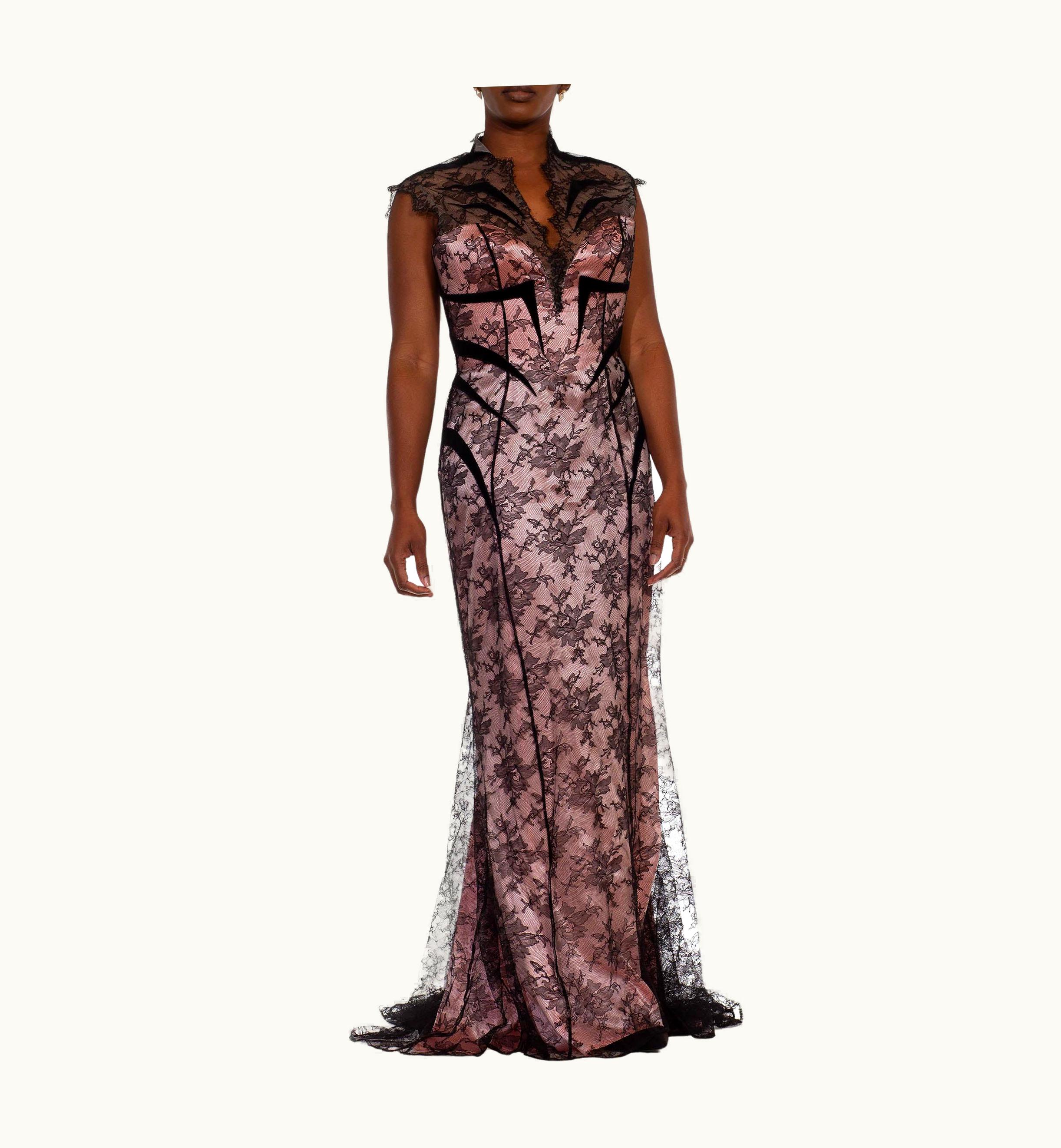 Mugler 1980s Thierry Mugler Pink Silk Charmeuse & Black Chantilly Lace Trained Gown Wit