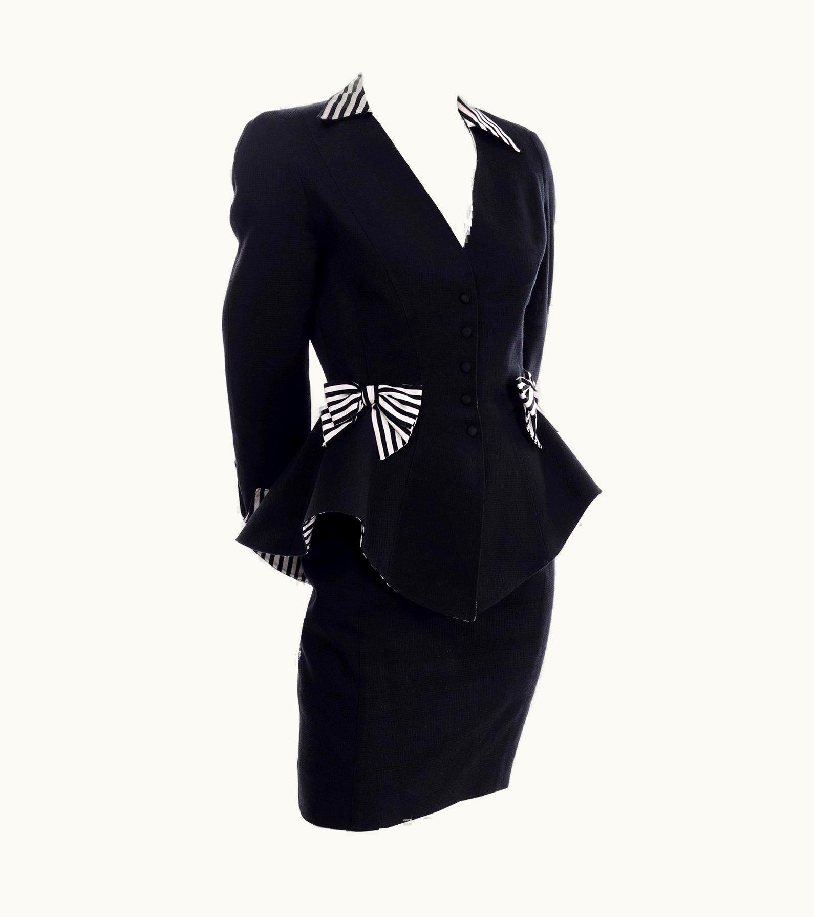 Mugler 1980s Thierry Mugler Vintage Black Peplum Blazer & Skirt Suit WS/S Striped Bows