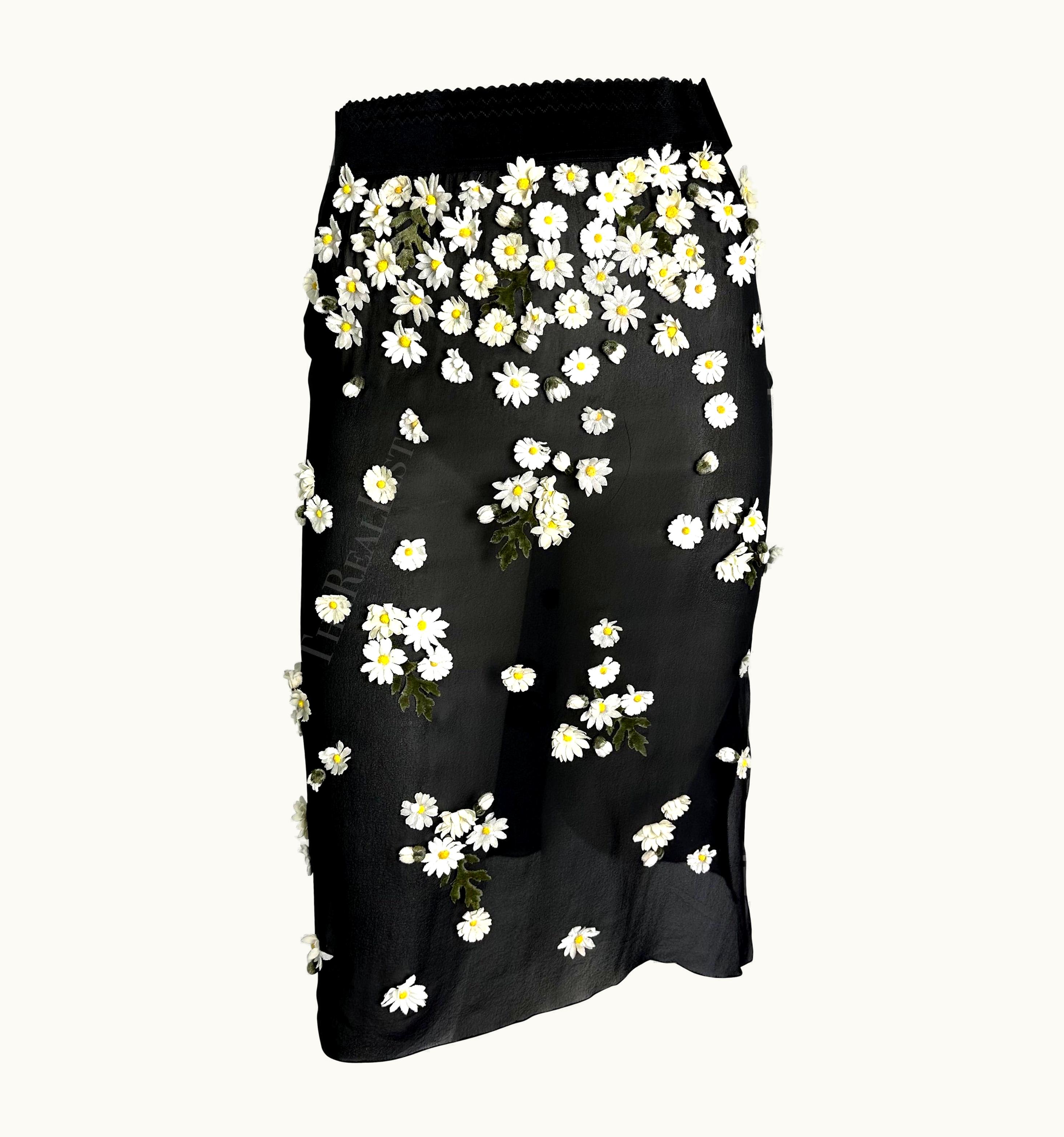 Dolce & Gabbana AW 1999 Dolce & Gabbana Runway Daisy Flower Appliqué Sheer Black Slit Skirt