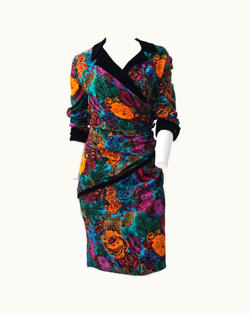 Oscar De La Renta 80s Oscar De La Renta Bouquet Dress With Black Velvet Trim