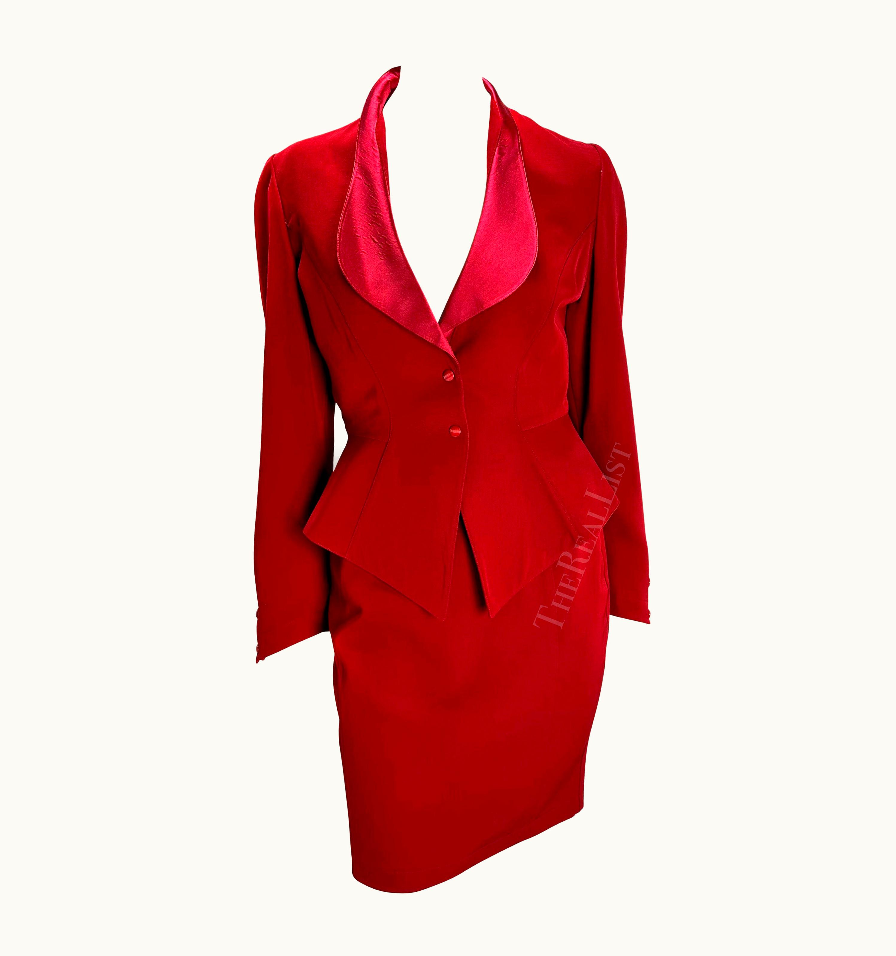 Mugler 1980s Thierry Mugler Satin Trim Red Cinched Sculptural Skirt Suit