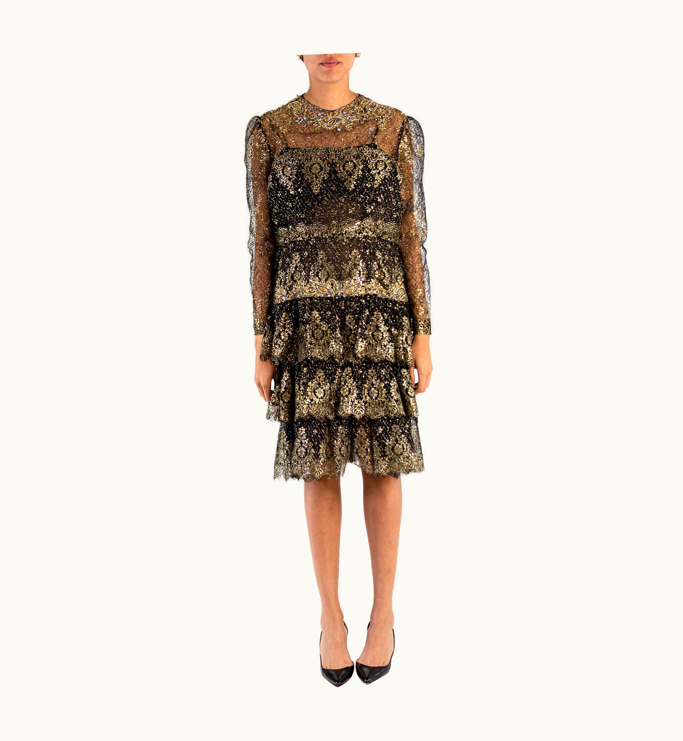 Oscar De La Renta 1980s Oscar De La Renta Black & Gold Metallic Lace Cocktail Dress With Crystal