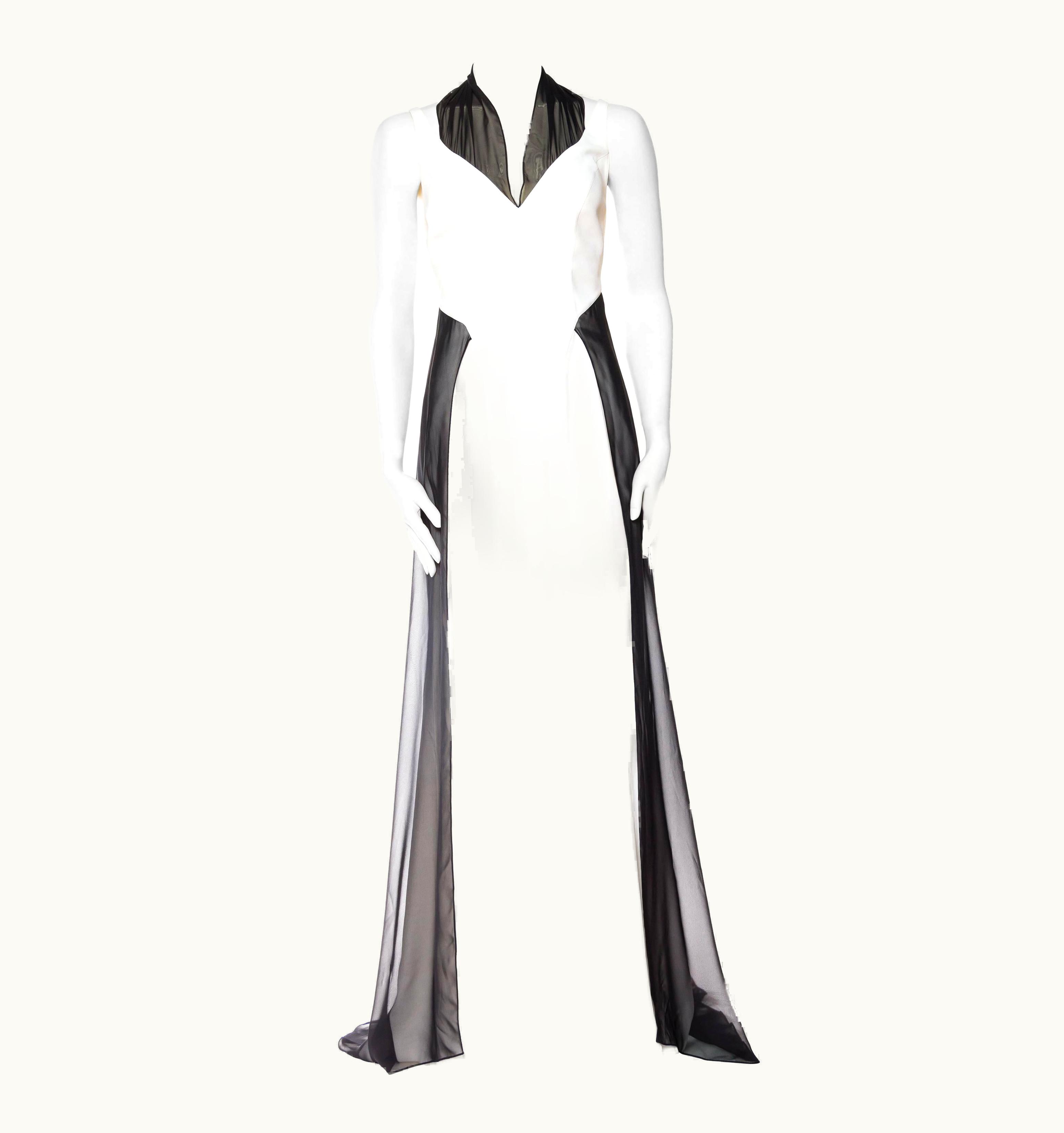 Mugler 1980s Thierry Mugler Couture White Silk Blend Crepe Backless Gown With Black Ch