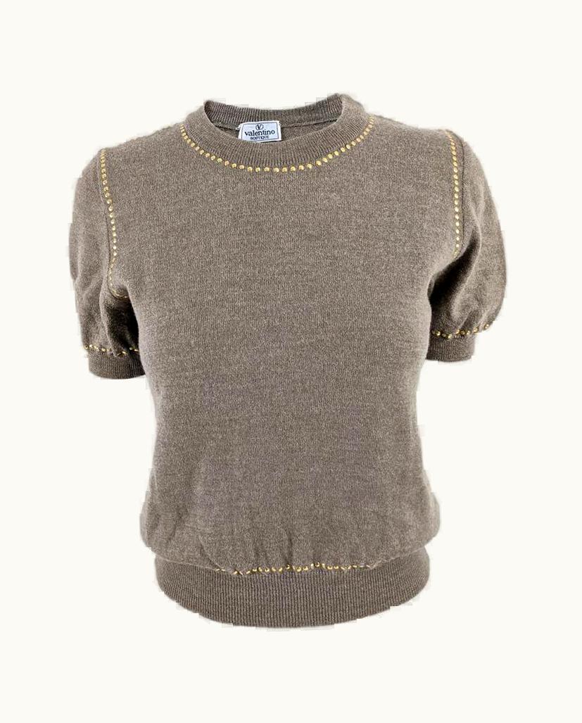 Valentino Valentino Vintage Taupe Wool Studded Puff Sleeve Knitwear Sweater Jumper, 1980s
