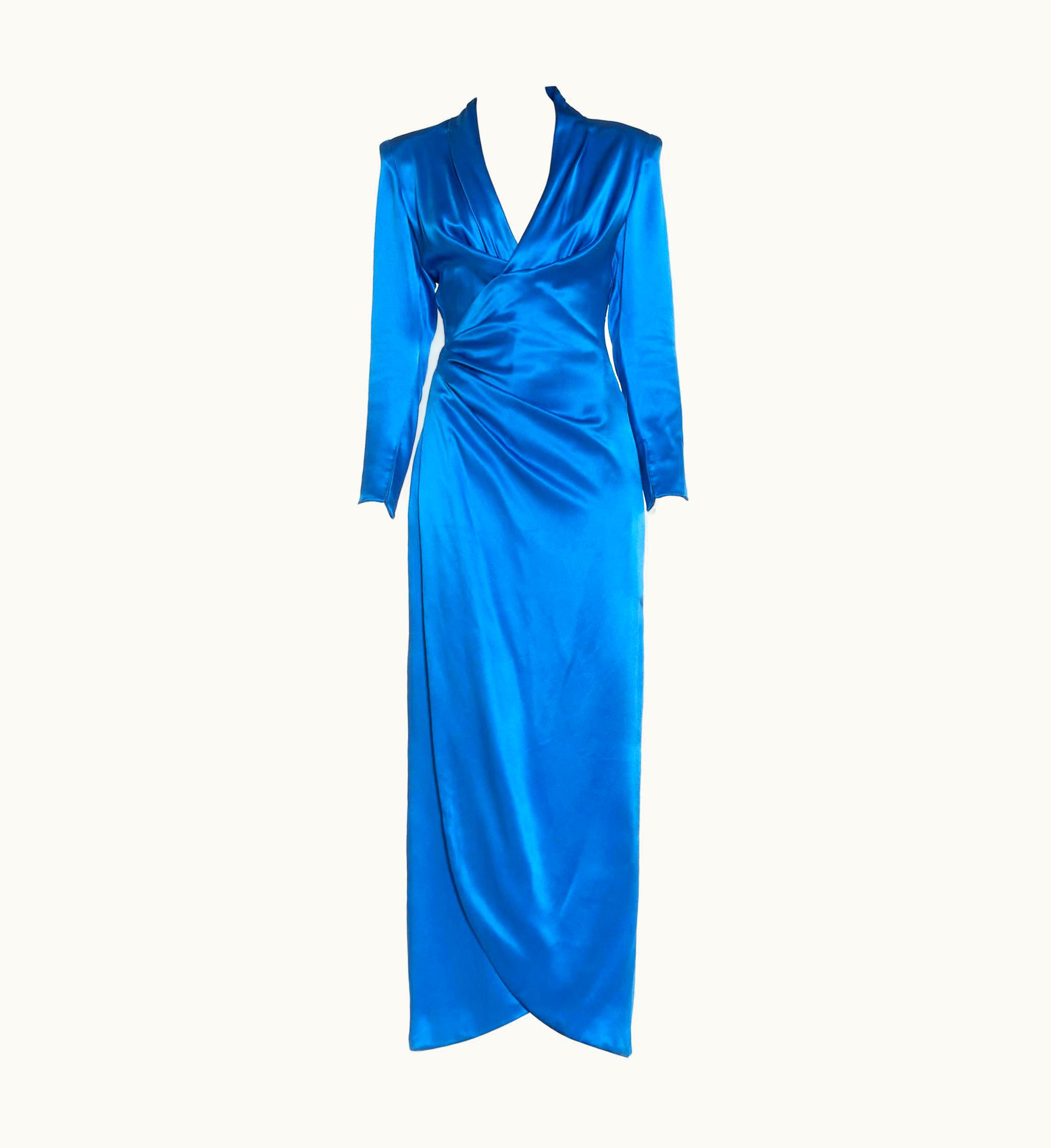 Givenchy 1980s Givenchy Electric Blue Haute Couture Silk Double Faced Satin Sleeved Gown