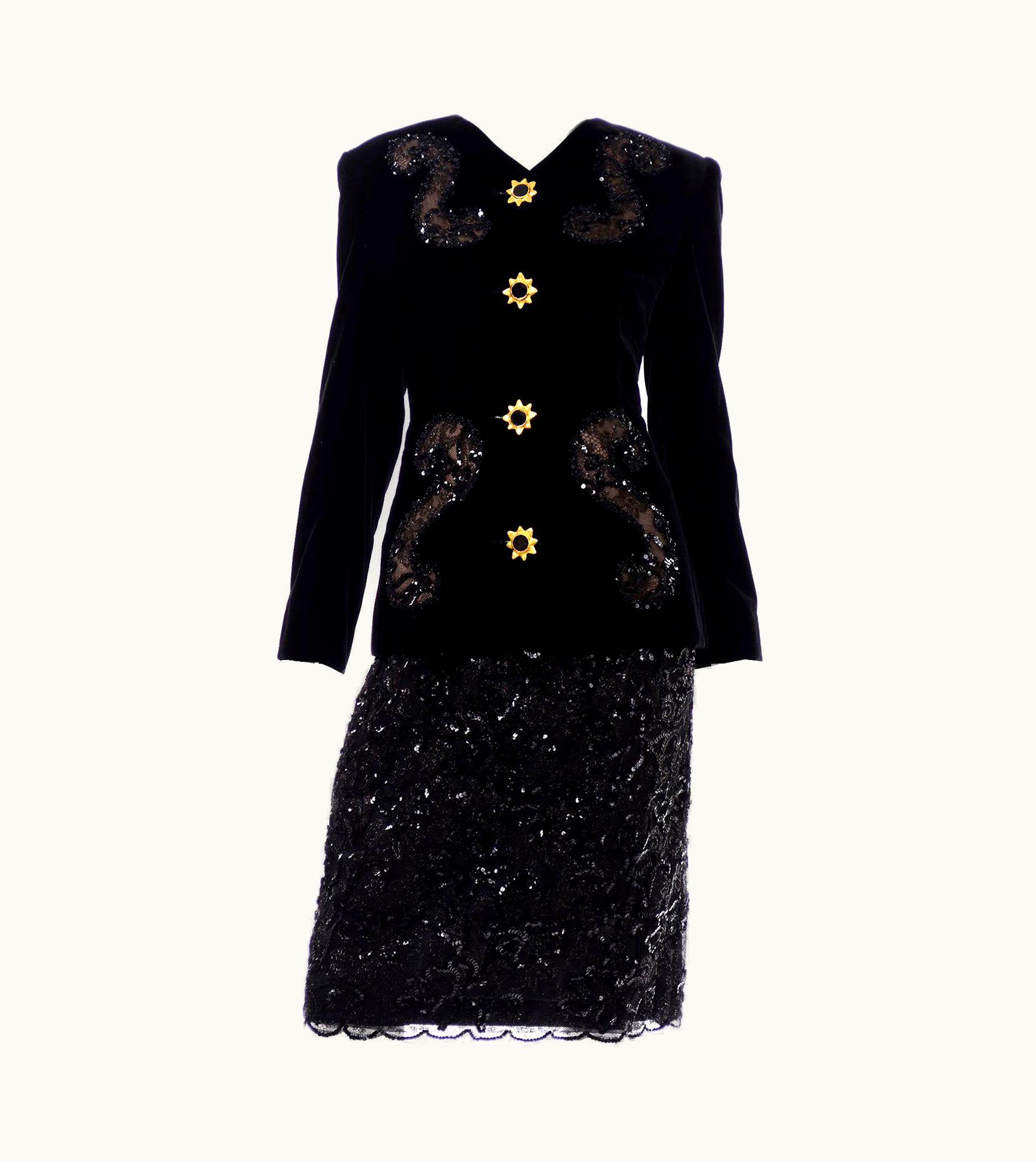 Givenchy Vintage Givenchy Couture Black Velvet Sequins & Lace Evening Suit W Tags