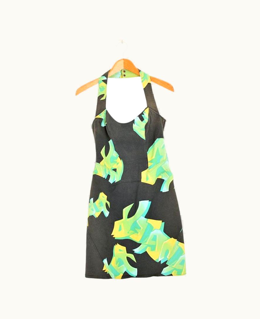 Mugler Thierry Mugler 1990' Graffiti Print Halter Neck Denim Dress