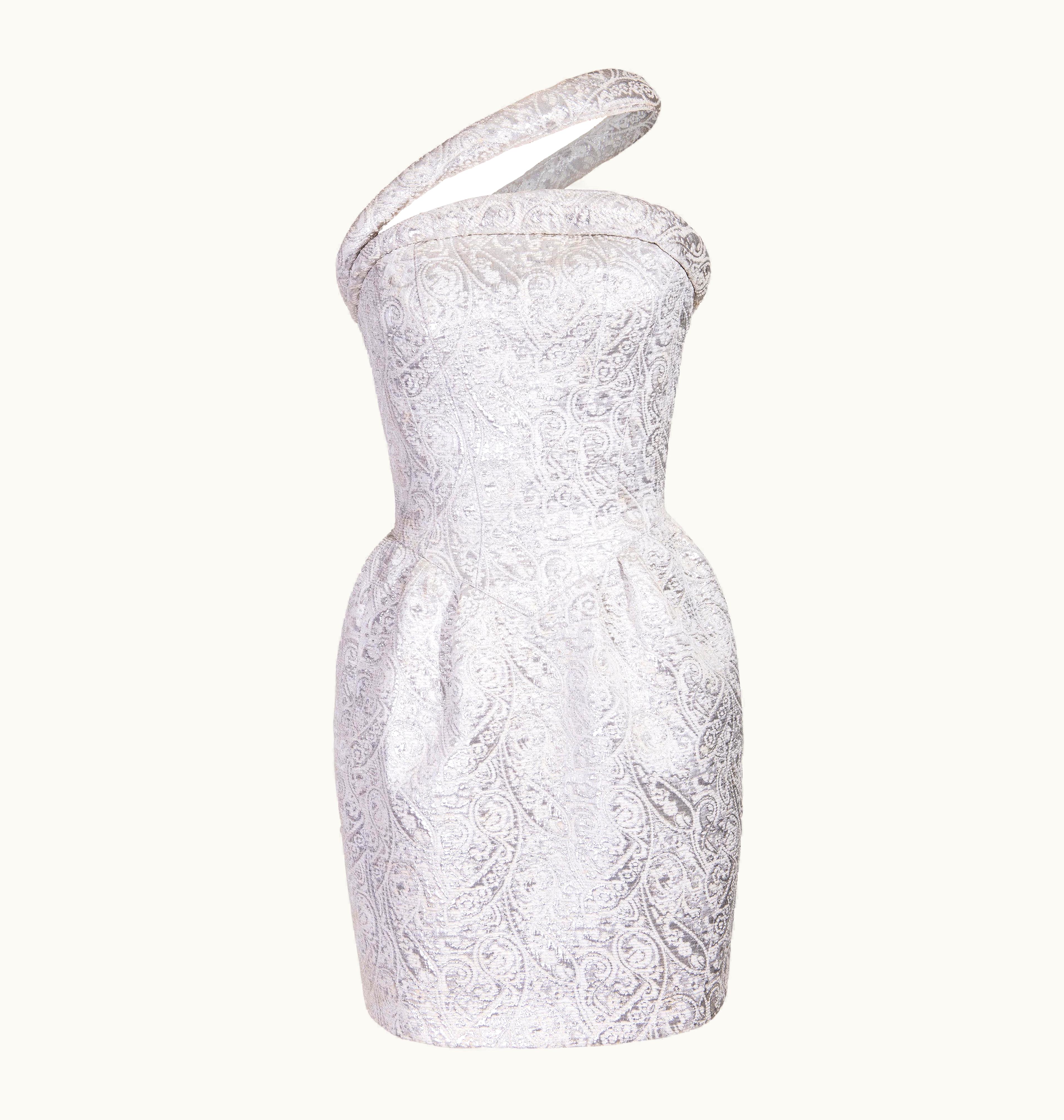 Mugler 1990' Thierry Mugler White And Silver Wool Asymmetrical Corset Dress