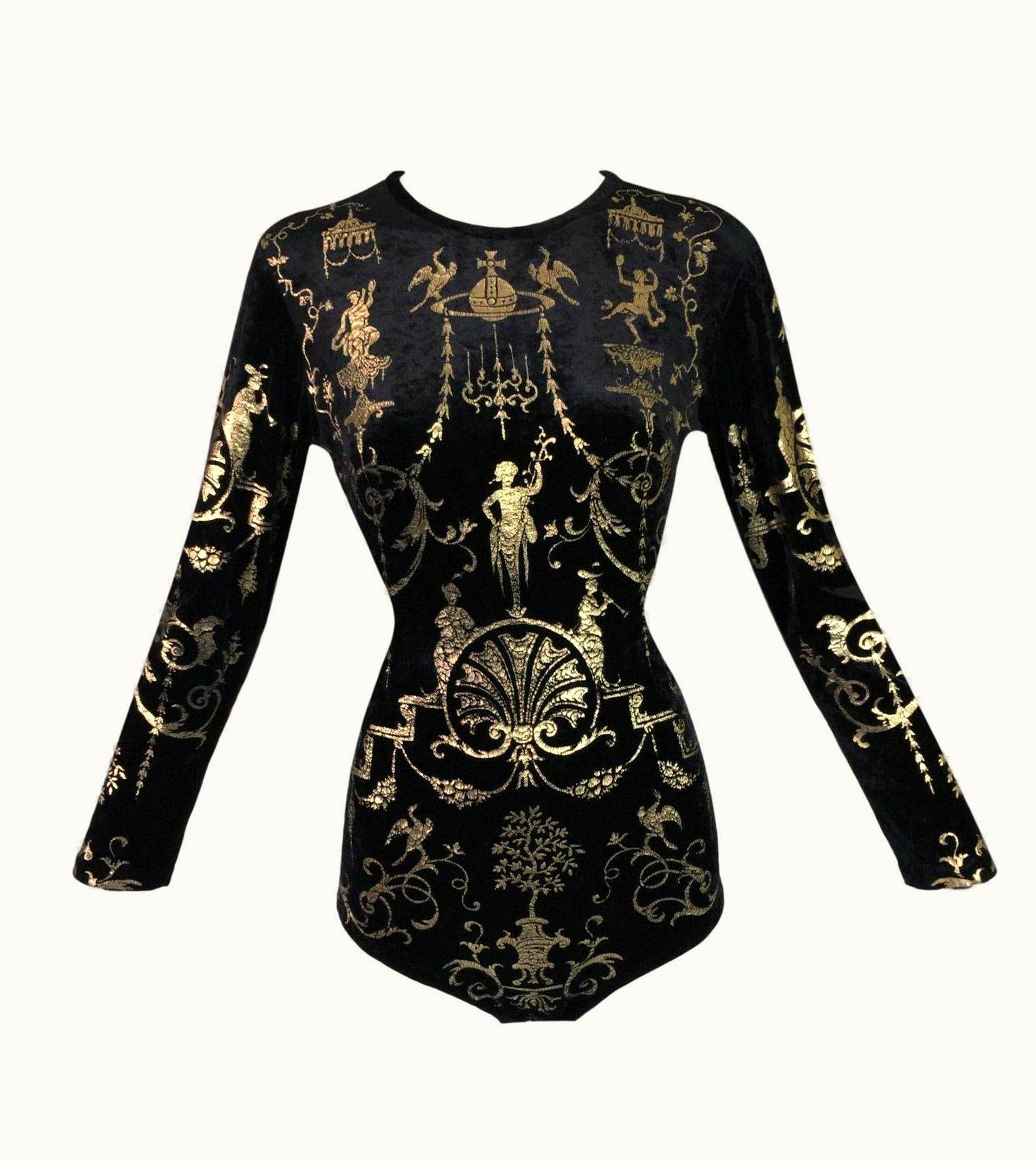 Vivienne Westwood AW 1990 Vivienne Westwood Velvet Black & Gold Portrait Collection Bodysuit Top