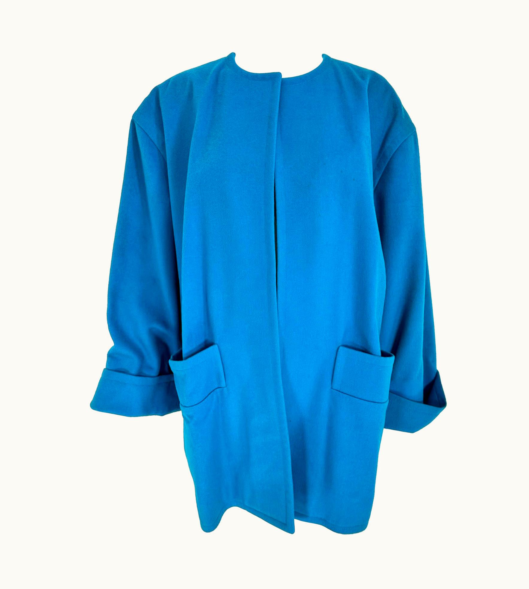 Givenchy Givenchy Turquoise Wool Open Front Swing Coat With Angled Pockets 1980s