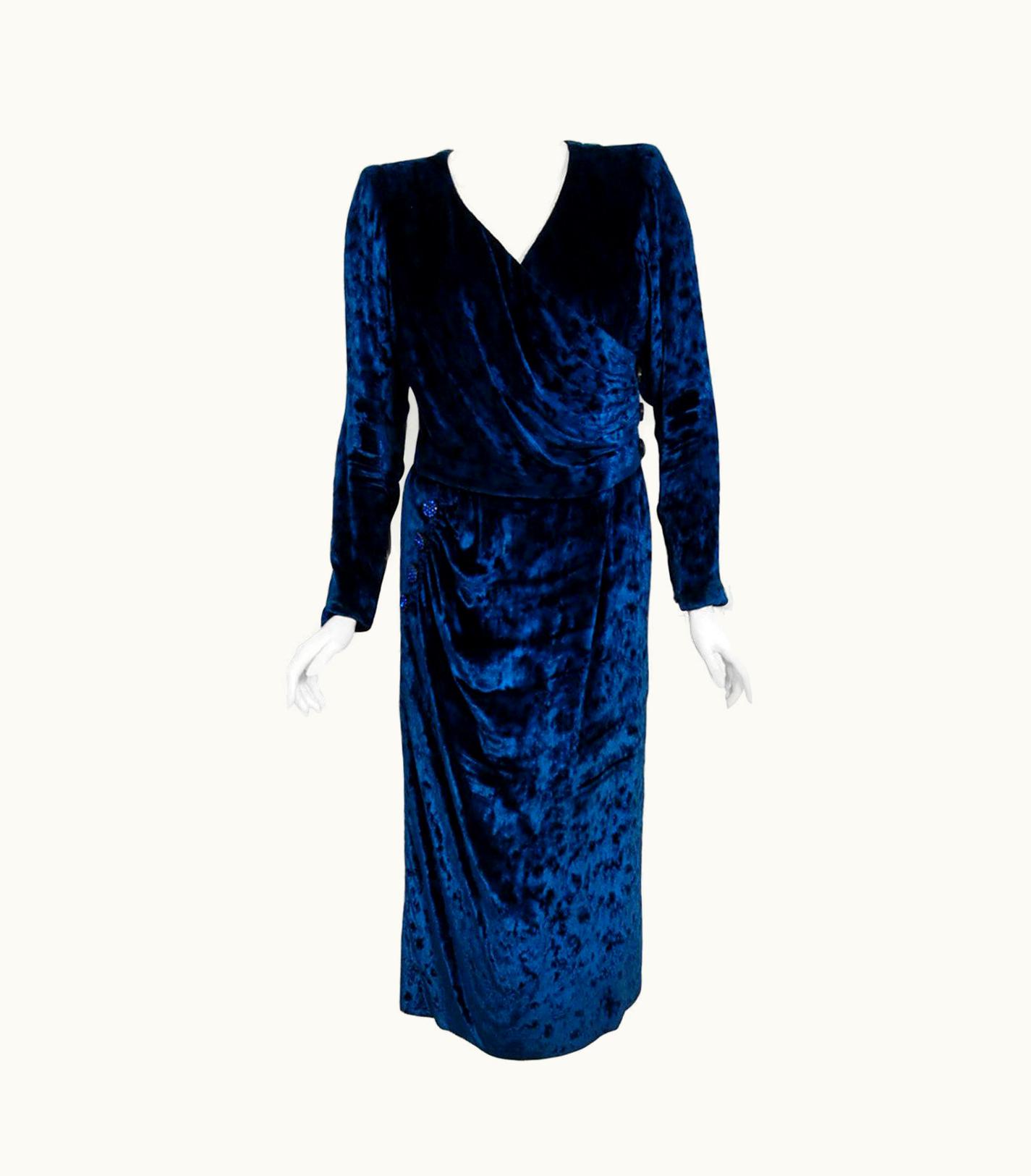 Givenchy Vintage 1990 Givenchy Haute Couture Sapphire Blue Draped Silk Velvet Dress