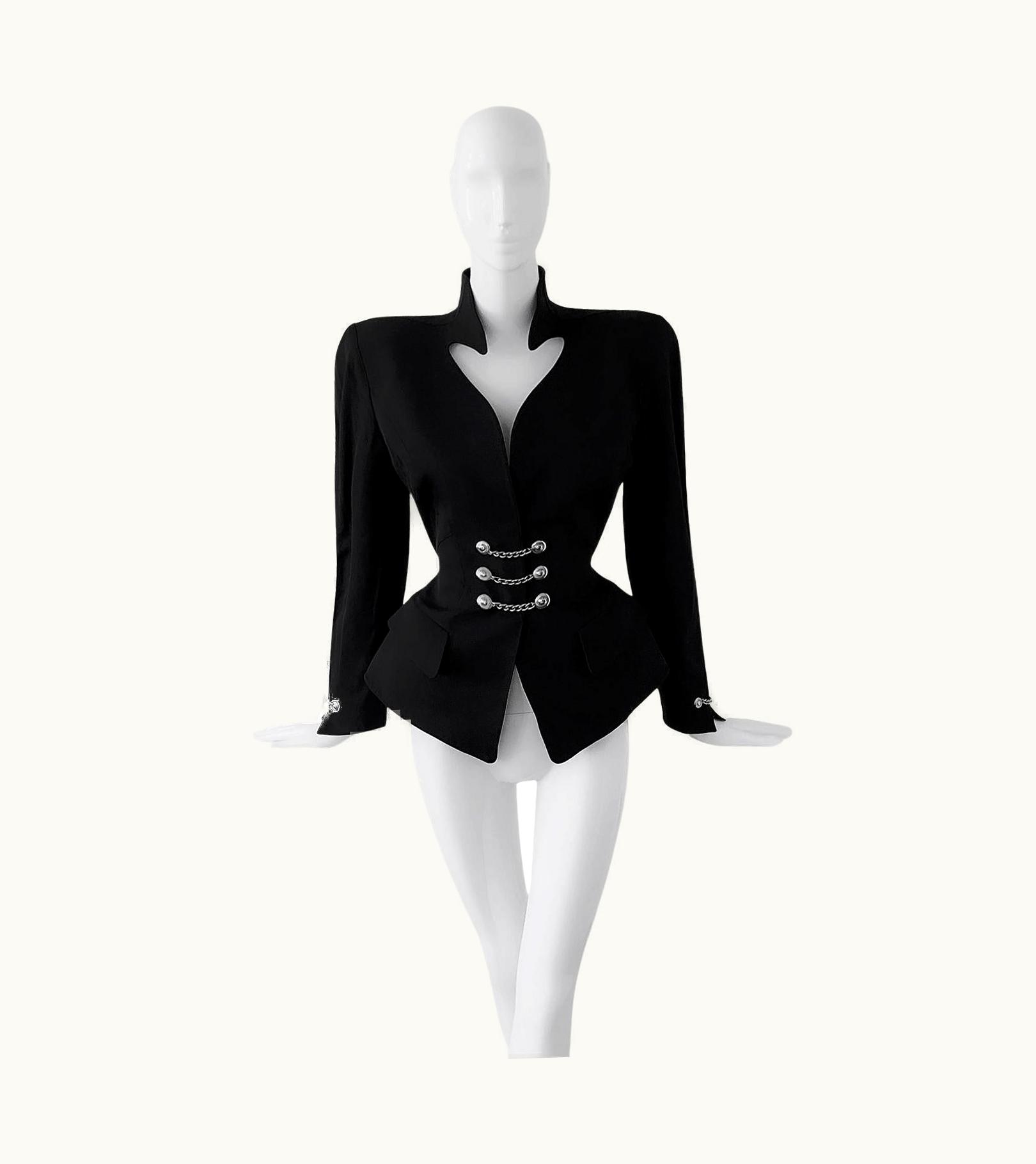 Mugler Thierry Mugler AW 1990 Sculptural Dramatic Silhouette Jacket Black Metal Chain