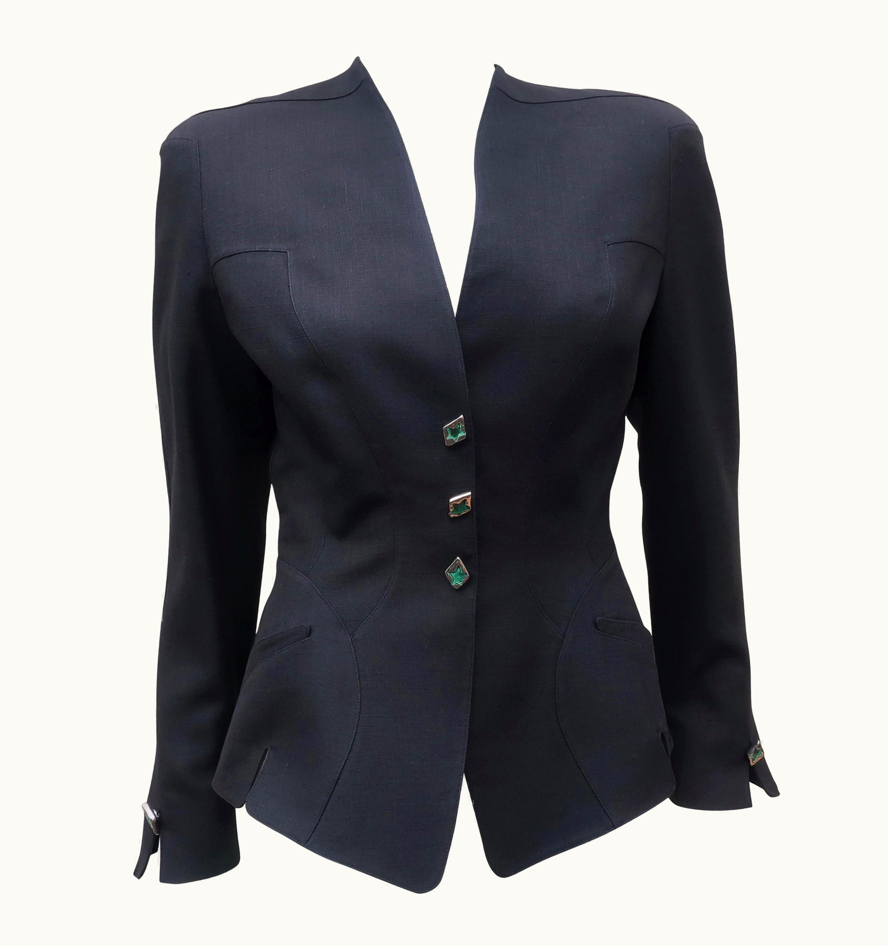 Mugler Thierry Mugler Black Linen Jacket With Sculptural Green Enamel Buttons, 1990'