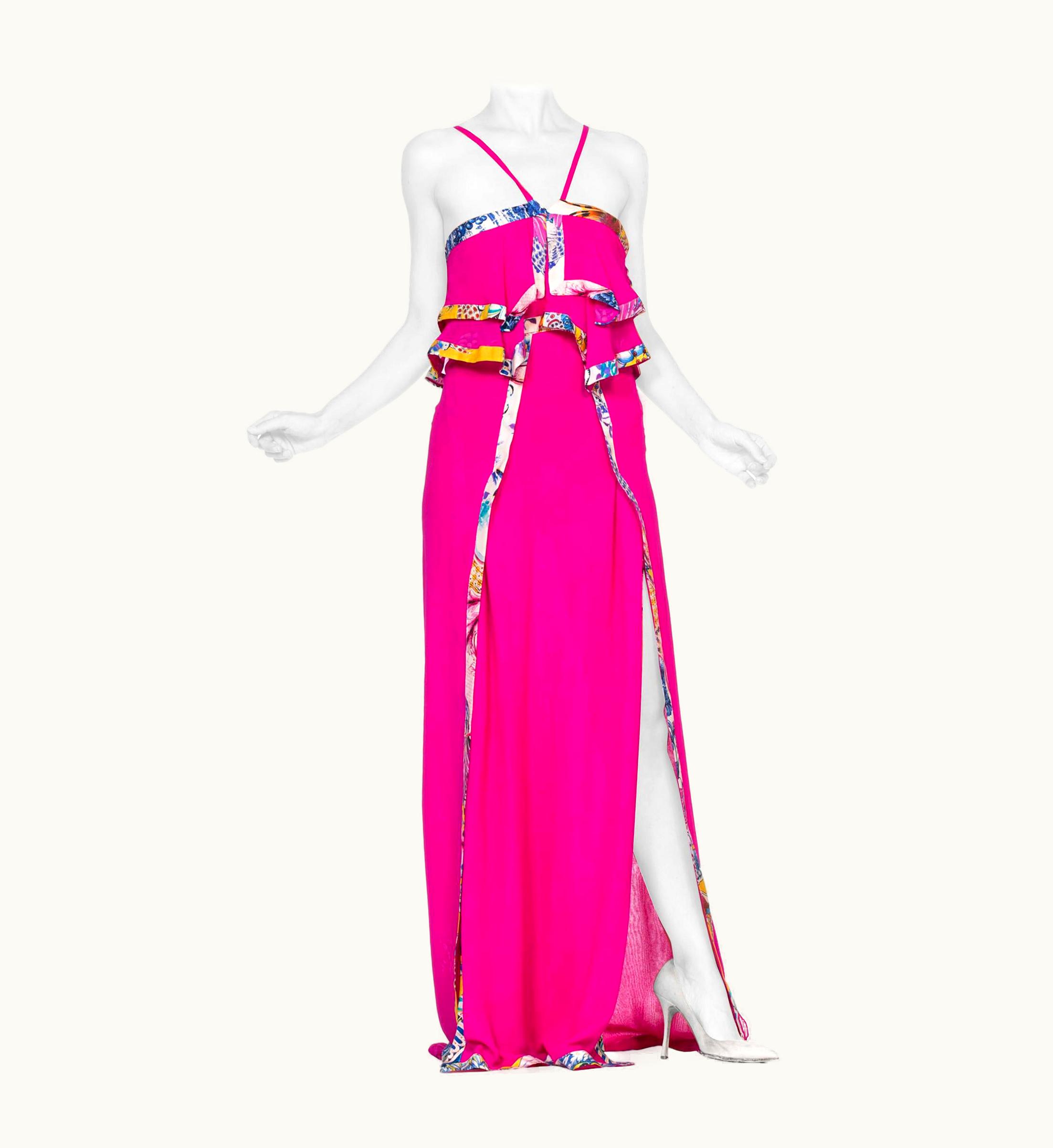 Roberto Cavalli 1990' Roberto Cavalli Hot Pink Silk Chiffon Double Slit Gown Trimmed In Yellow