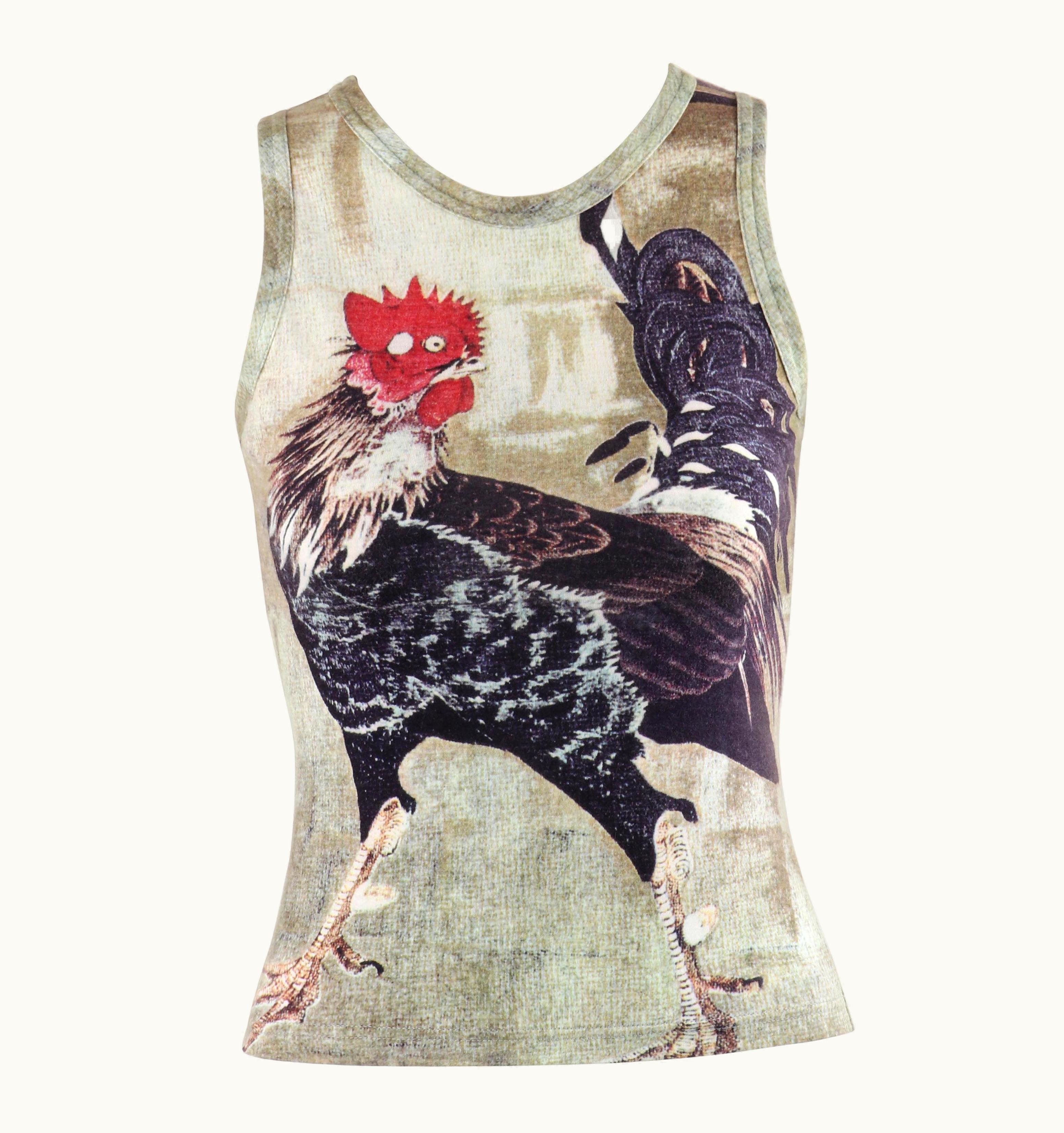 Alexander McQueen Alexander McQUEEN c.1990' Multicolor Large Rooster Cock Zip-Up Fitted Tank Top