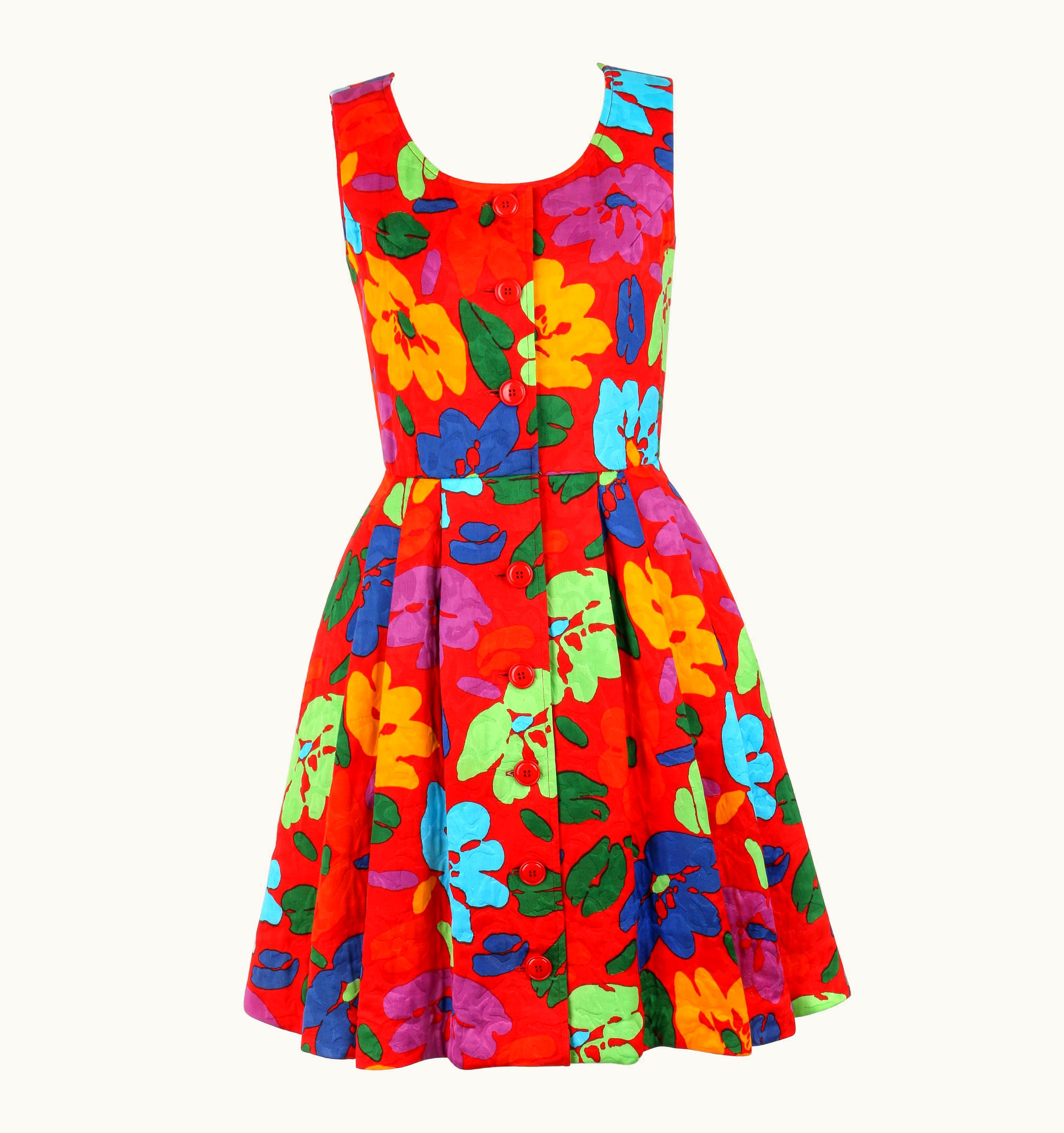 Oscar De La Renta Oscar De La Renta C.1990' Red Multicolor Floral Print Button Front Day Dress