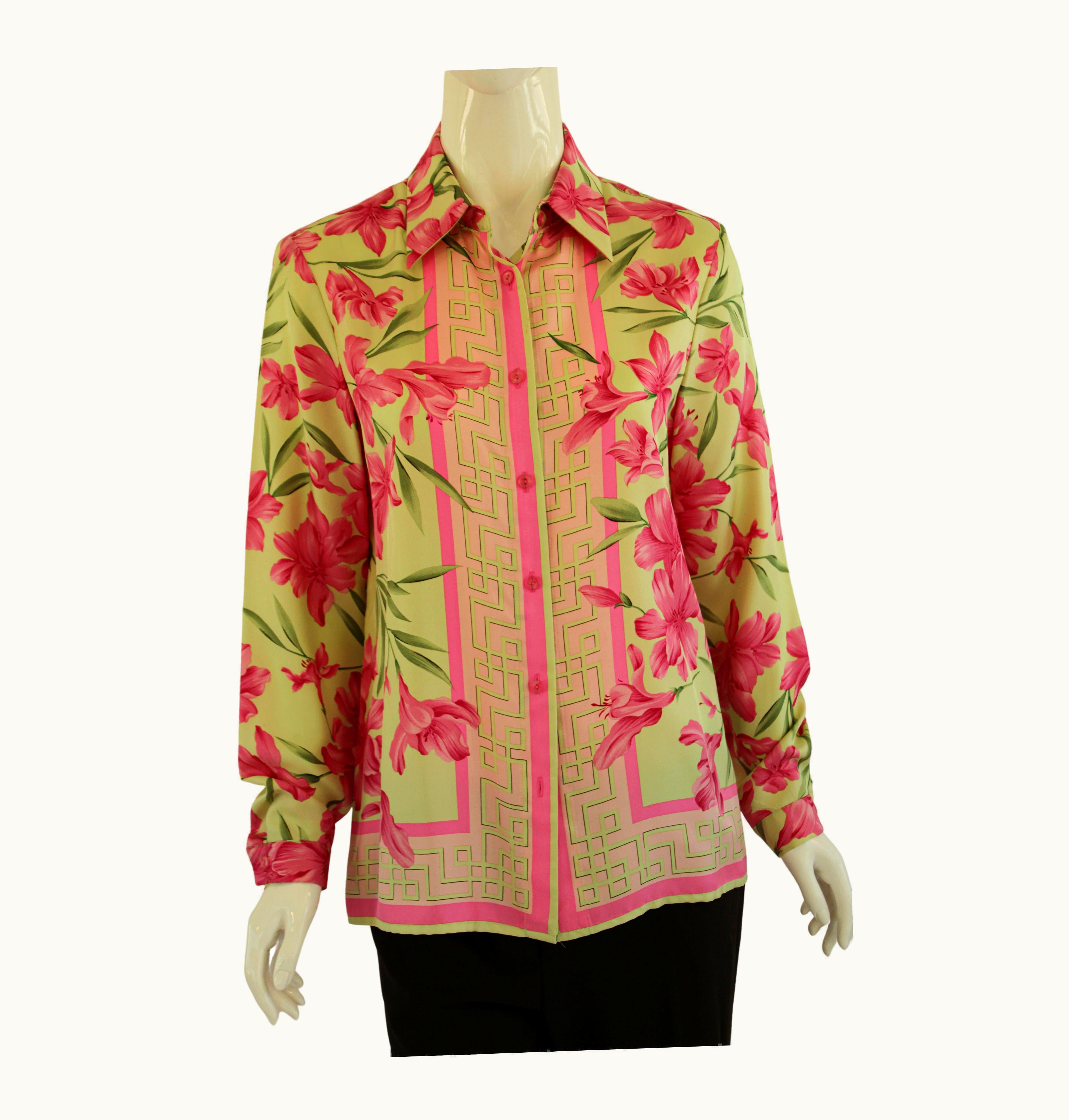 Oscar De La Renta 1990' Oscar De La Renta Silk Pink And Green Blouse