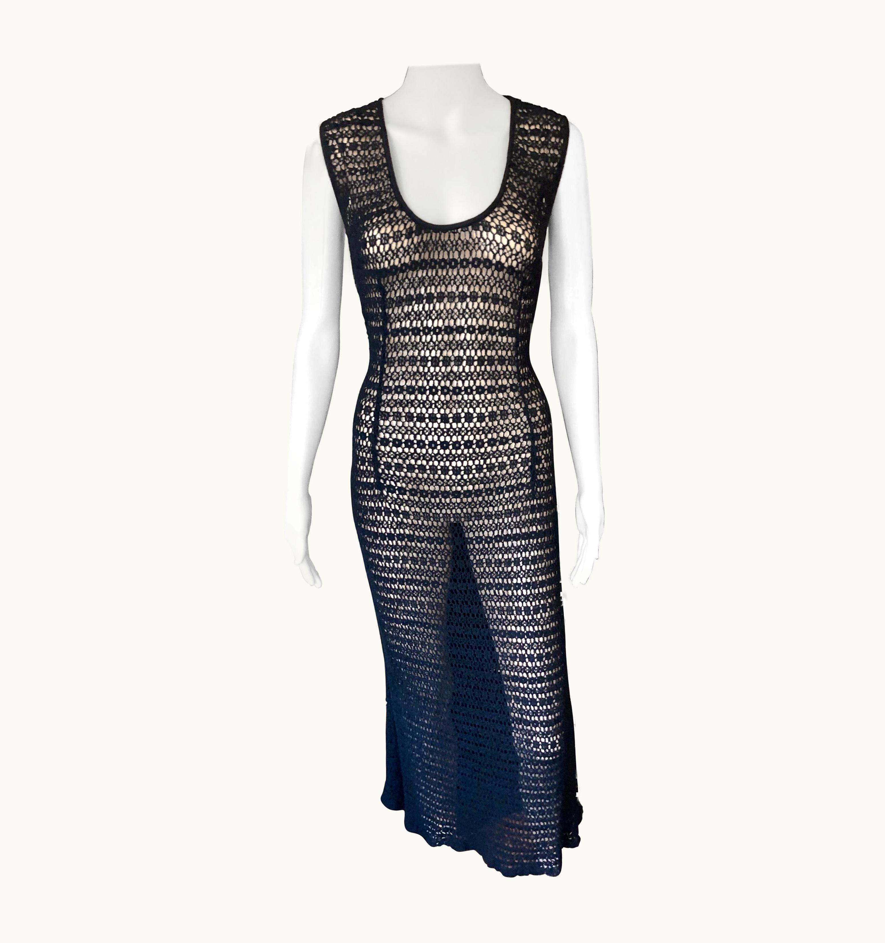 Dolce & Gabbana Dolce & Gabbana Vintage 1990' Sheer Open Knit Crochet Fishnet Black Maxi Dress