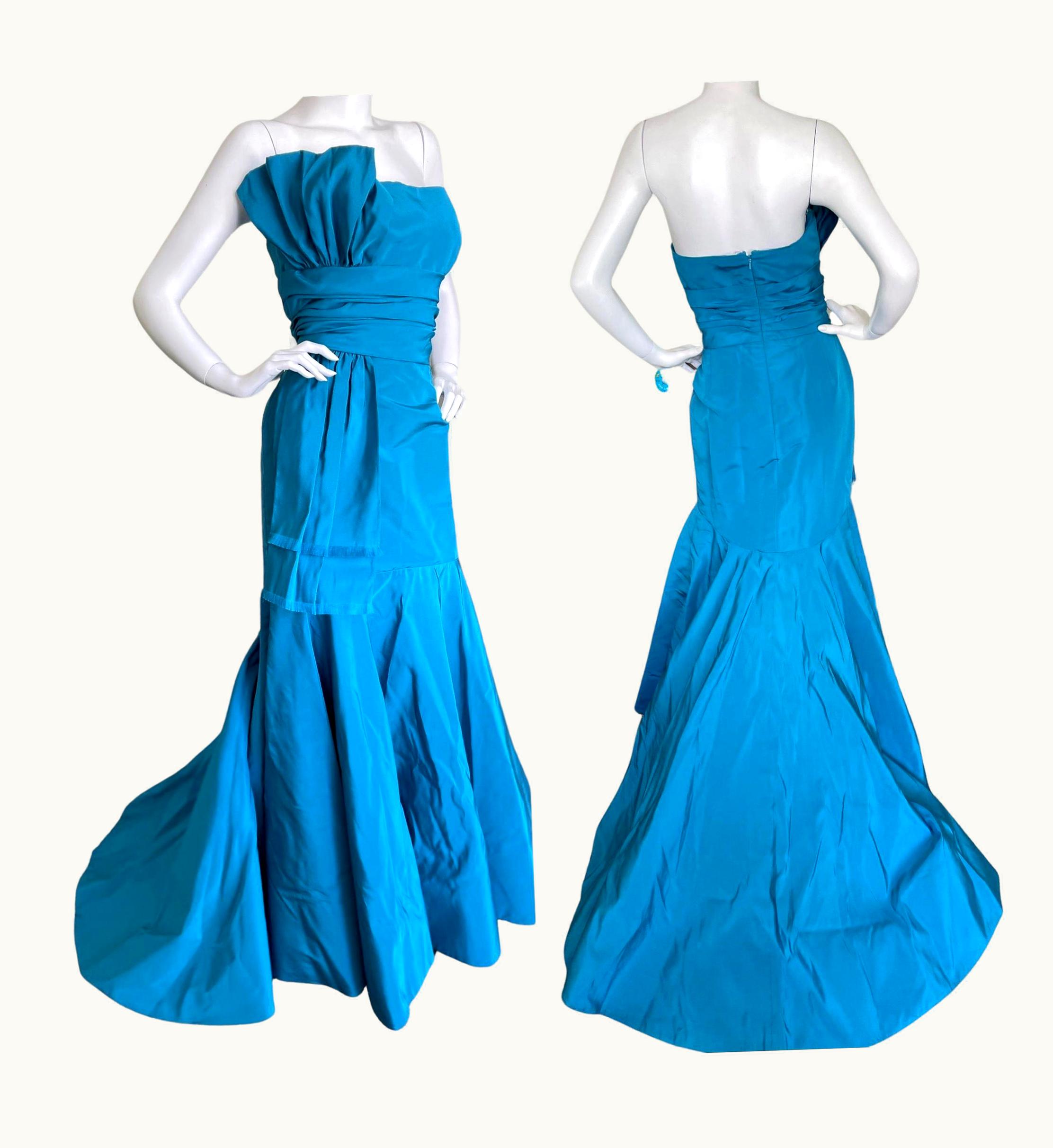 Oscar De La Renta Oscar De La Renta Vintage 1990' Strapless Blue Taffeta Mermaid Dress With Train