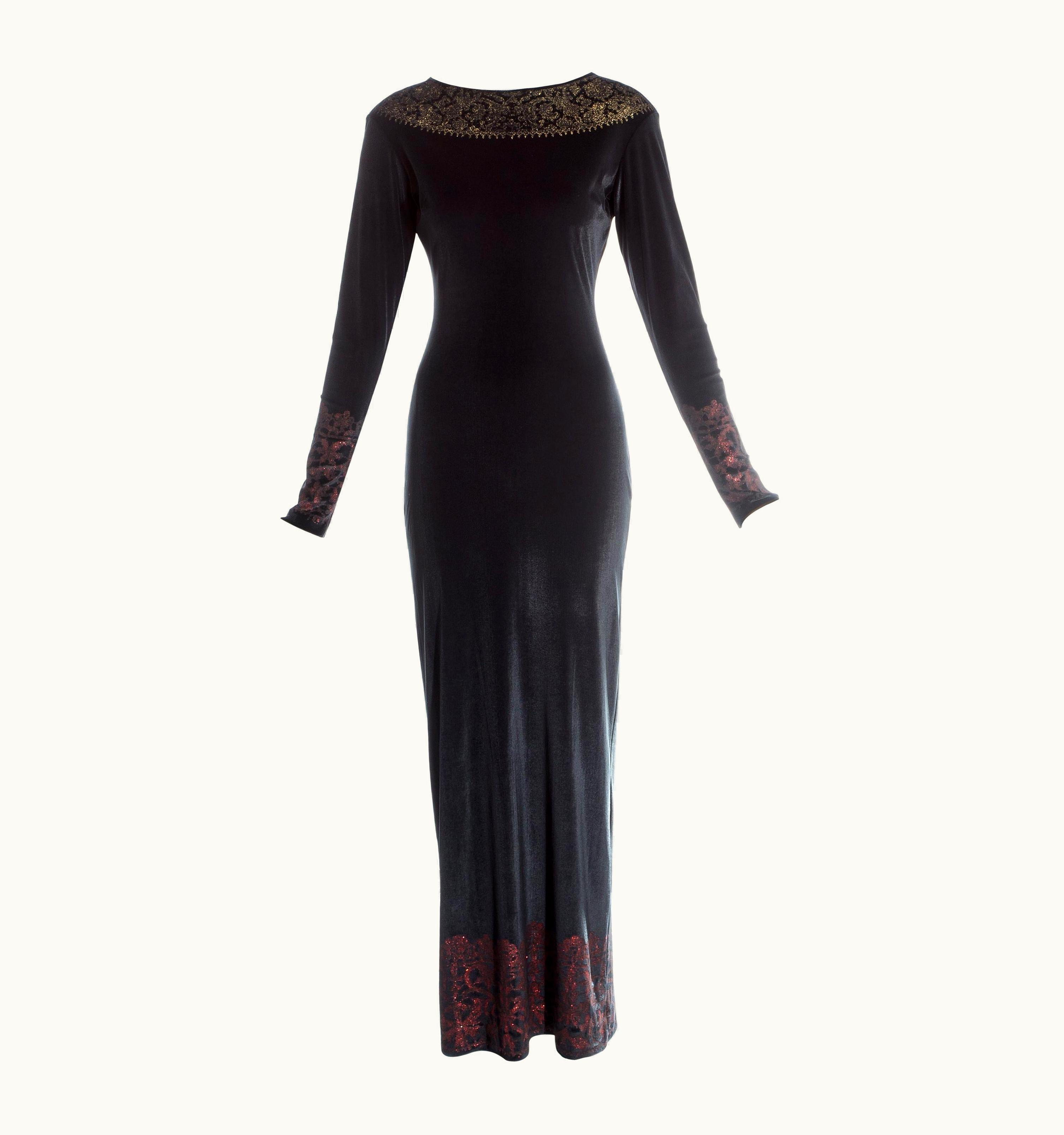 Vivienne Westwood Vivienne Westwood Black Velvet Glitter Figure Hugging Maxi Dress, AW 1991