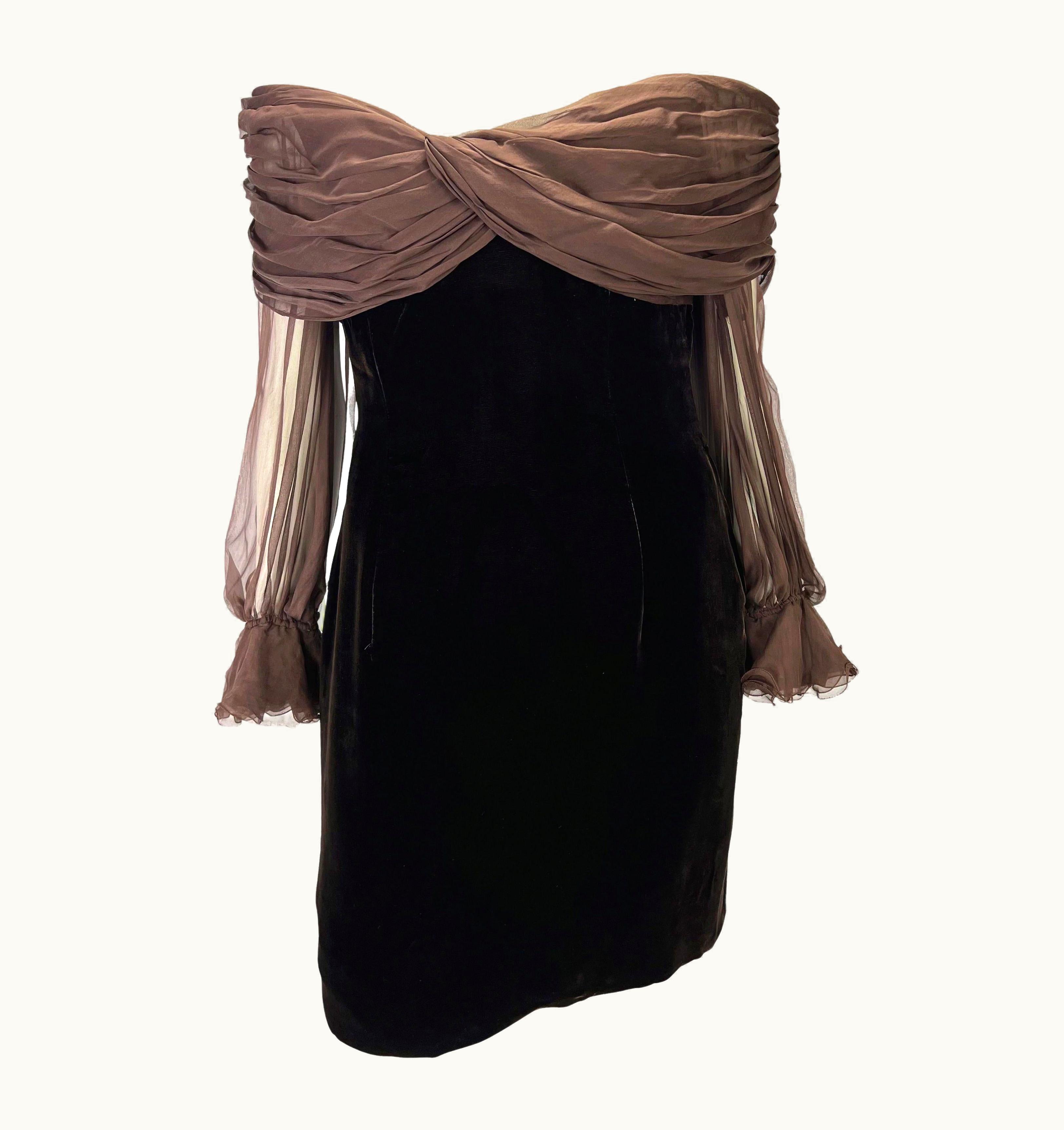 Valentino AW 1991 Valentino Garavani Runway Ruched Sheer Chiffon Brown Velvet Dress