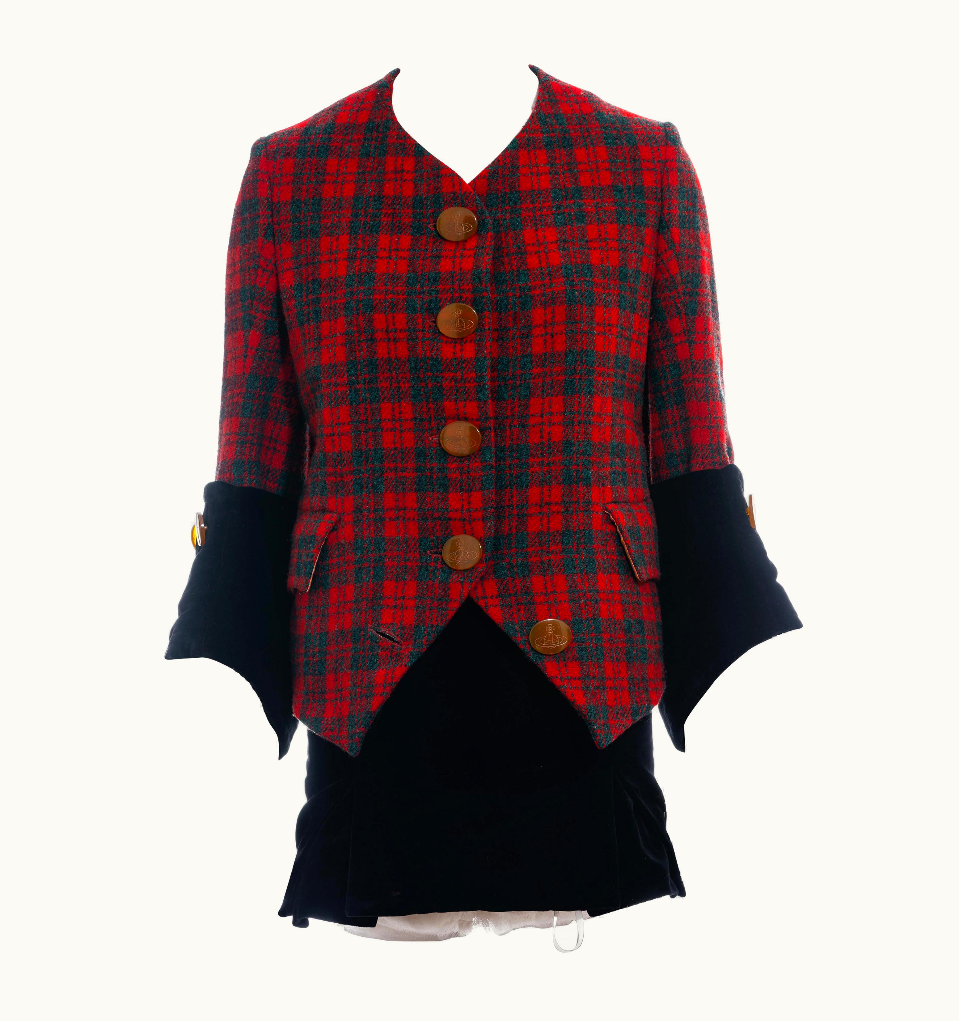 Vivienne Westwood Vivienne Westwood Red Checked Tweed And Black Velvet Skirt Suit, AW 1991
