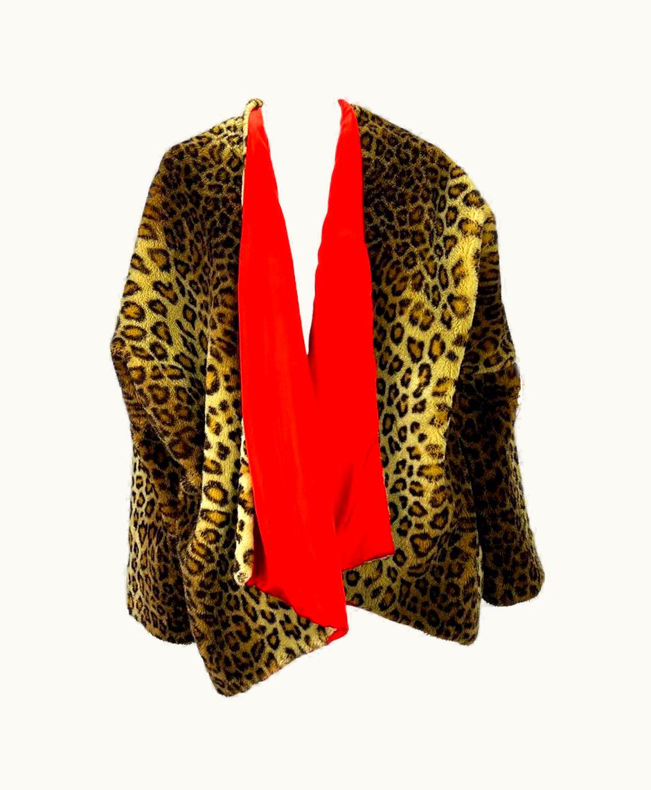 Dolce & Gabbana AW 1991 Dolce & Gabbana Runway Cheetah Print Faux Fur Red Shawl Oversized Coat