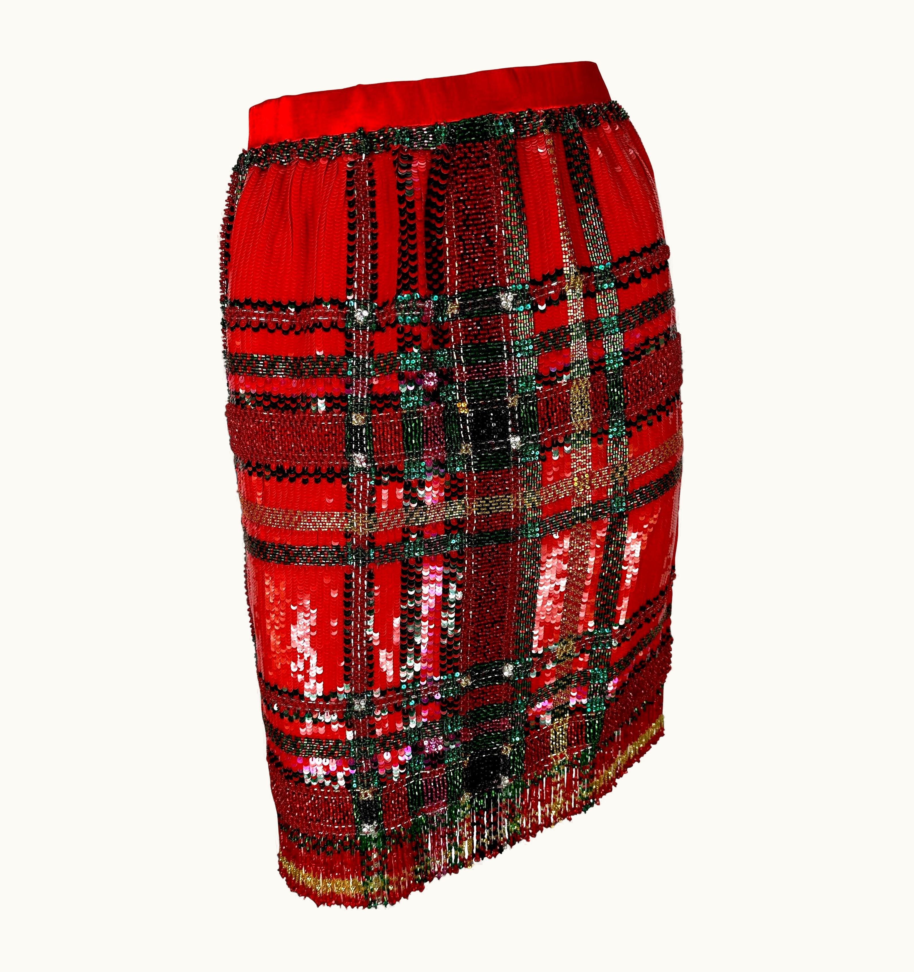 Oscar De La Renta AW 1991 Oscar De La Renta Runway Red Tartan Sequin Beaded Fringe Pencil Skirt