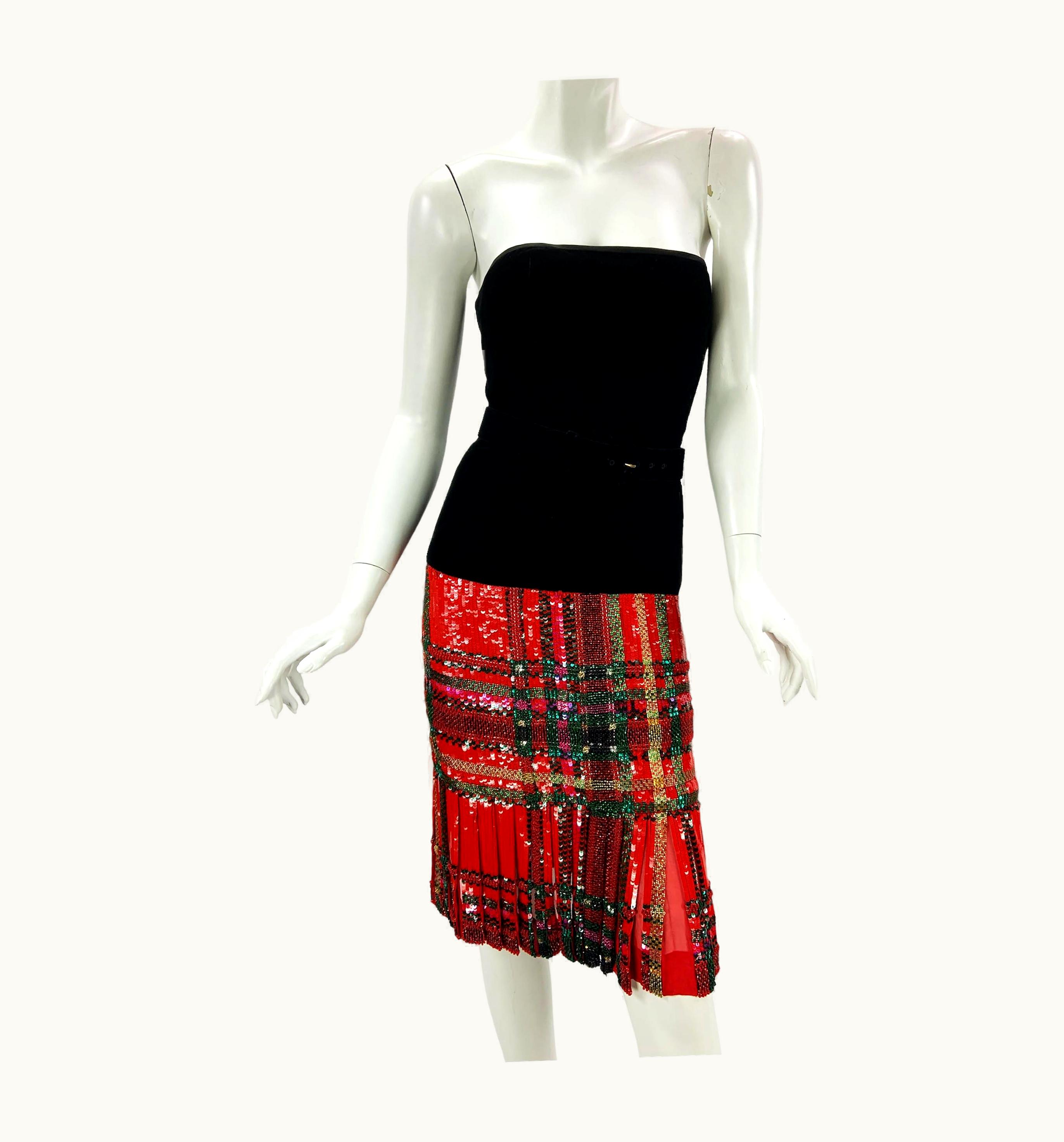 Oscar De La Renta Oscar De La Renta AW 1991 Tartan Plaid Bead Sequin Embellished Velvet Dress Us
