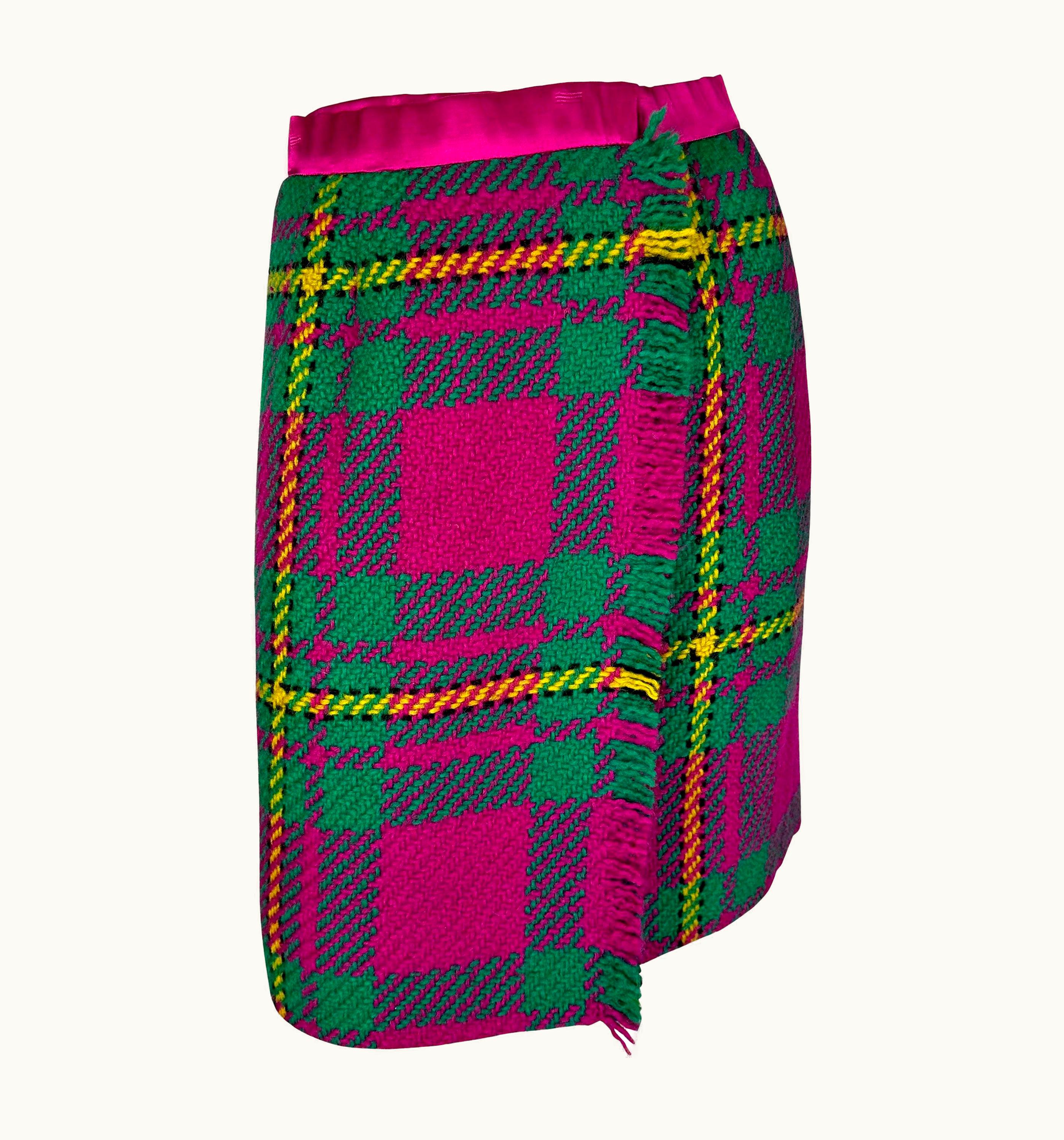 Oscar De La Renta AW 1991 Oscar De La Renta Runway Pink Green Tartan Fringe Wrap Pencil Skirt