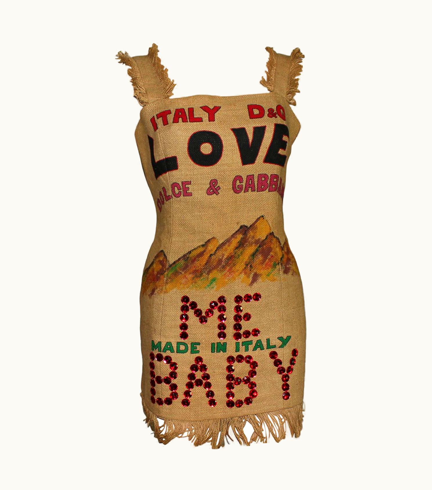 Dolce & Gabbana Rare Museum Piece - Dolce & Gabbana 1992 Printed Jute Sack Dress