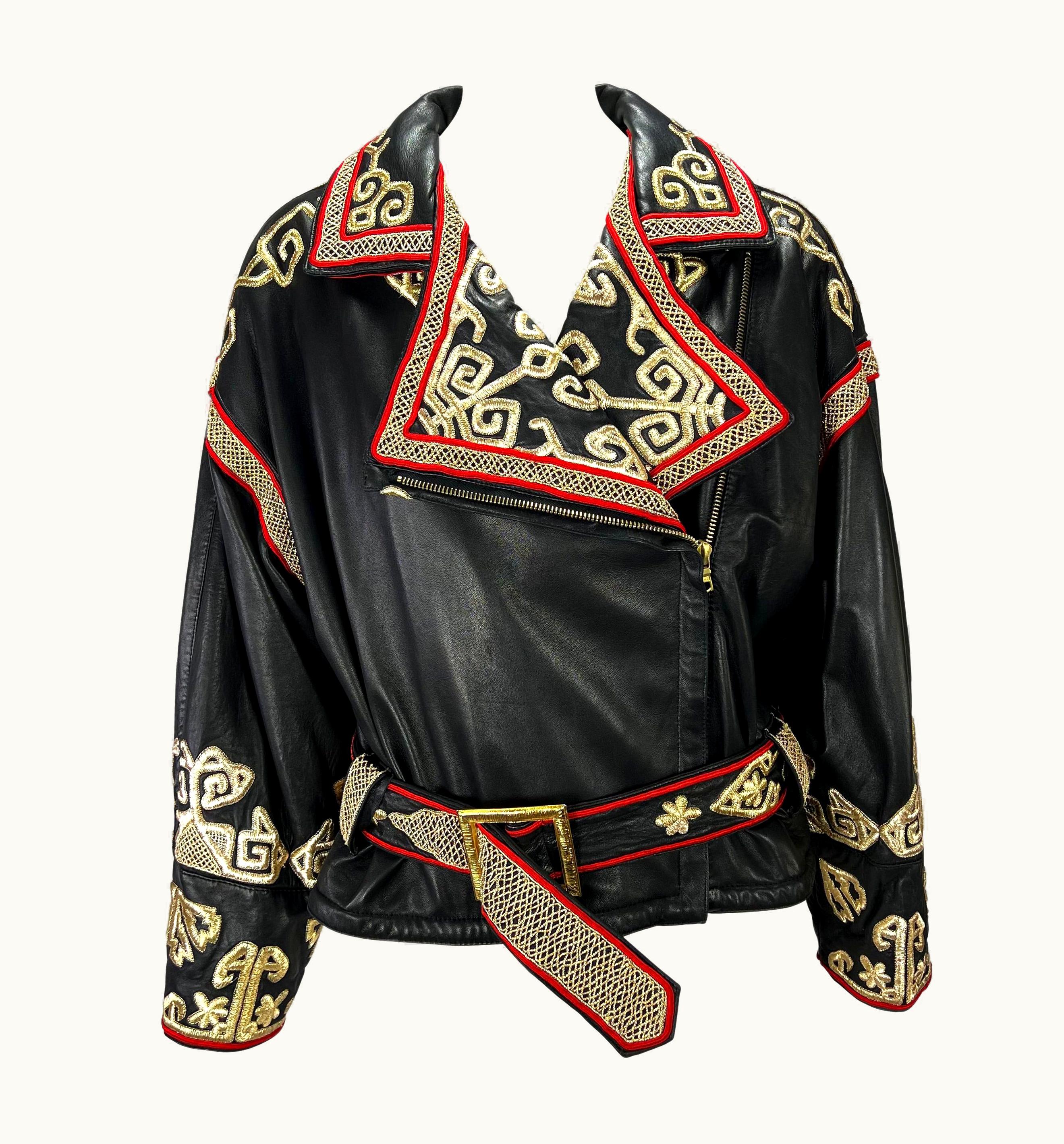 Valentino AW 1992 Valentino Garavani Runway Gold Embroidered Leather Biker Jacket
