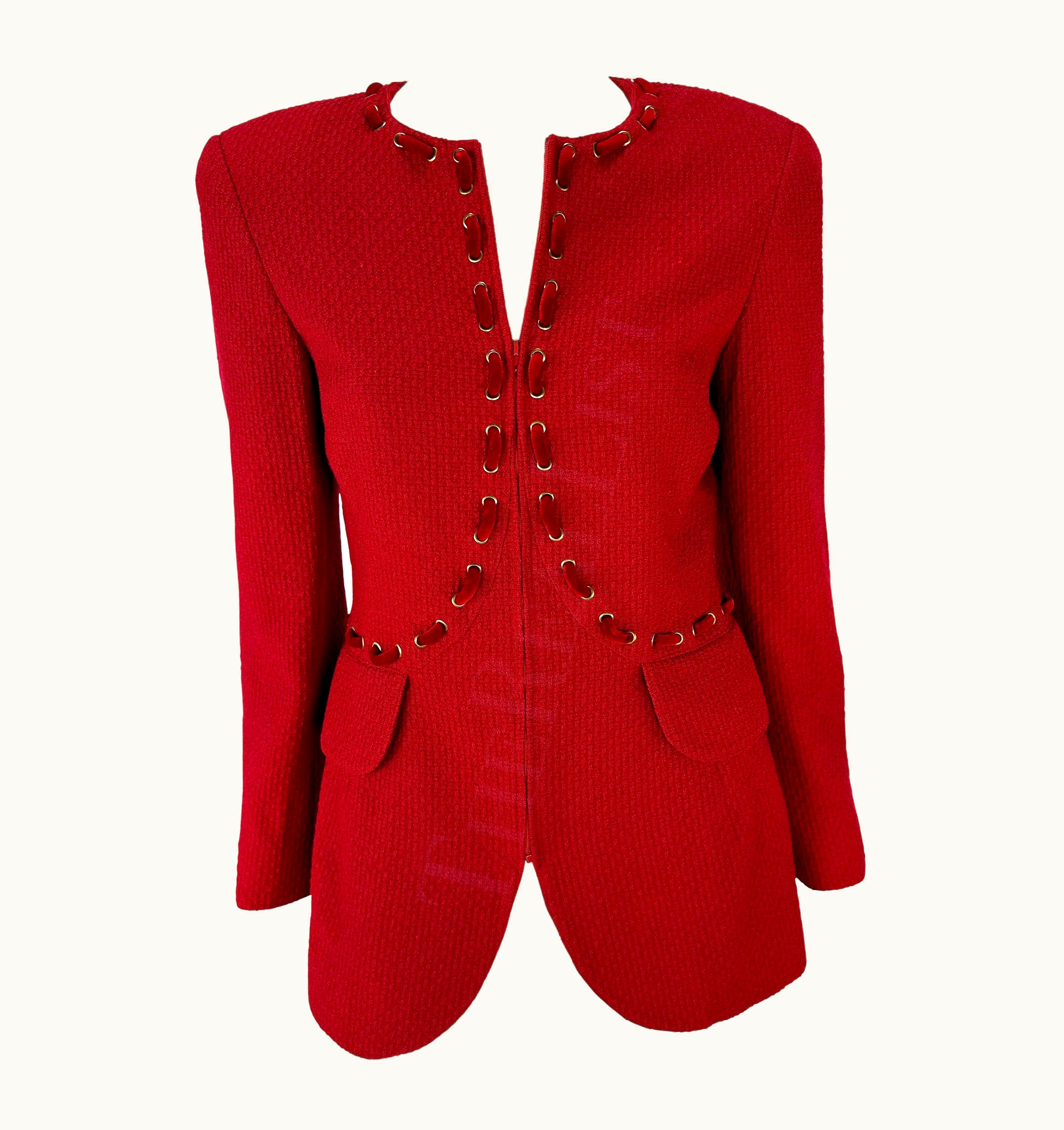 Valentino AW 1992 Valentino Garavani Runway Zodiac Red Lace Up Horoscope Blazer