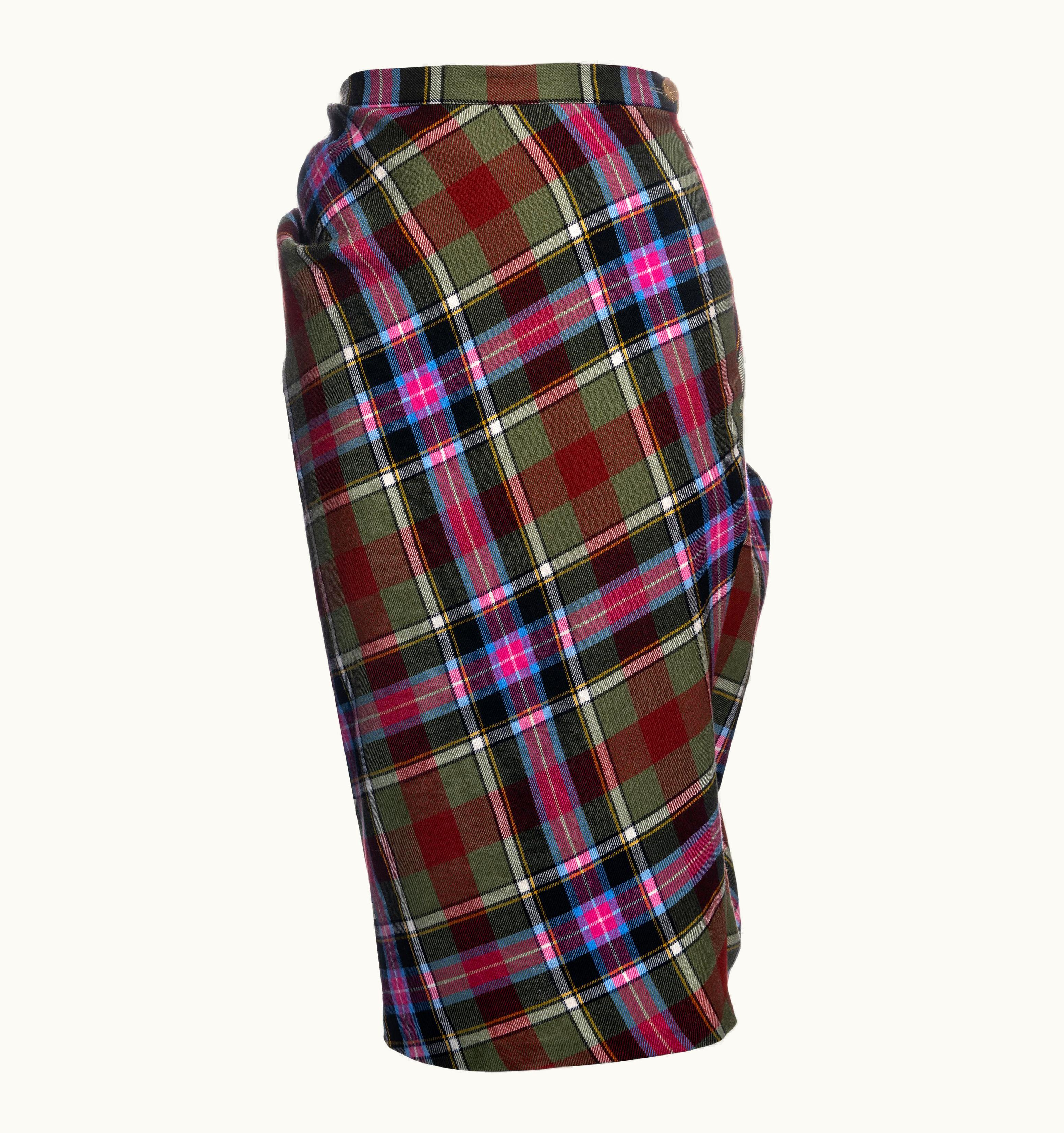 Vivienne Westwood Vivienne Westwood Green Tartan Bias Cut Bustled Pencil Skirt, AW 1993