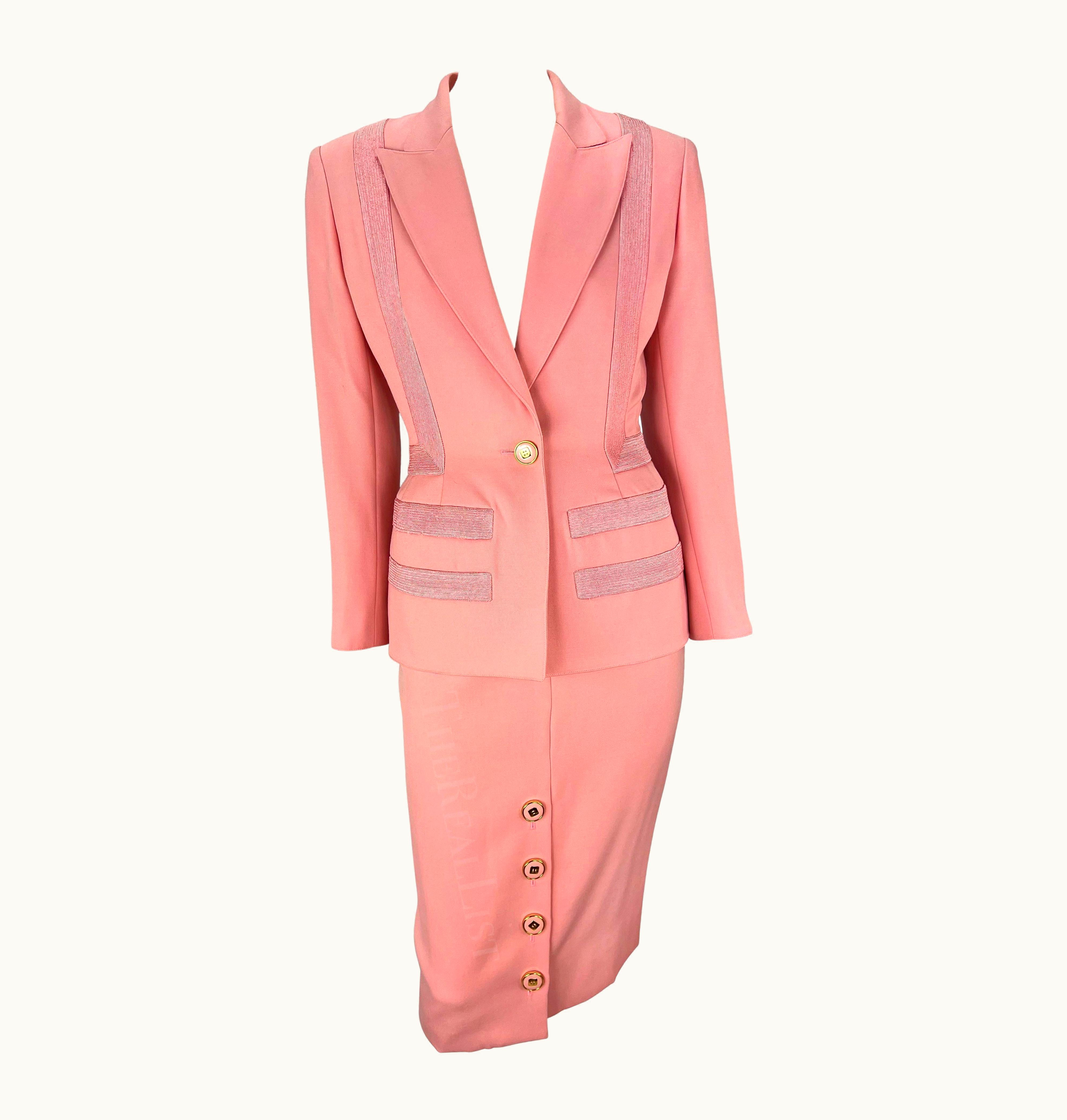 Valentino S/S 1993 Valentino Garavani Runway Embroidered Geometric Light Pink Skirt Suit