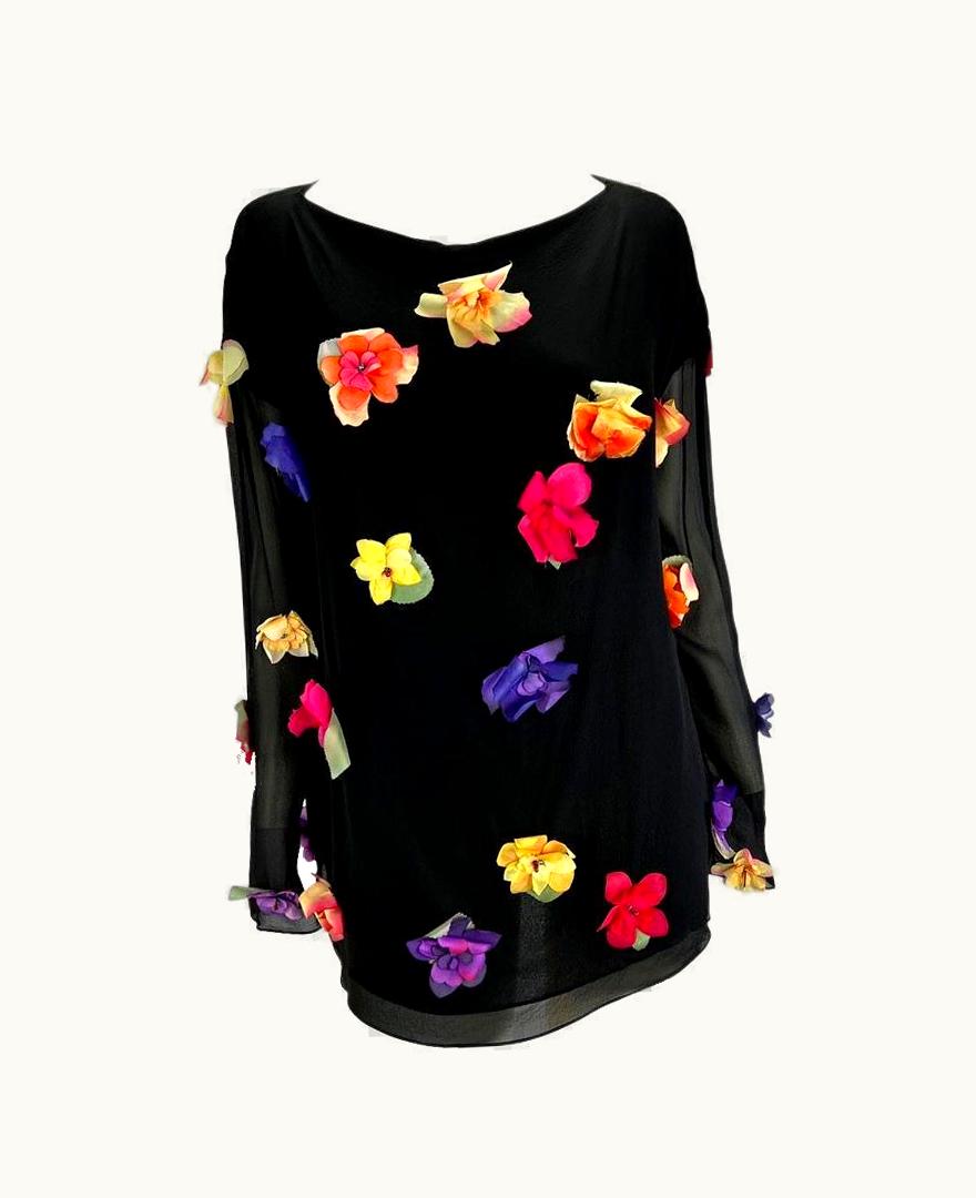 Dolce & Gabbana S/S 1993 Dolce & Gabbana Runway Floral Appliqué Tunic Black Sheer Silk Top