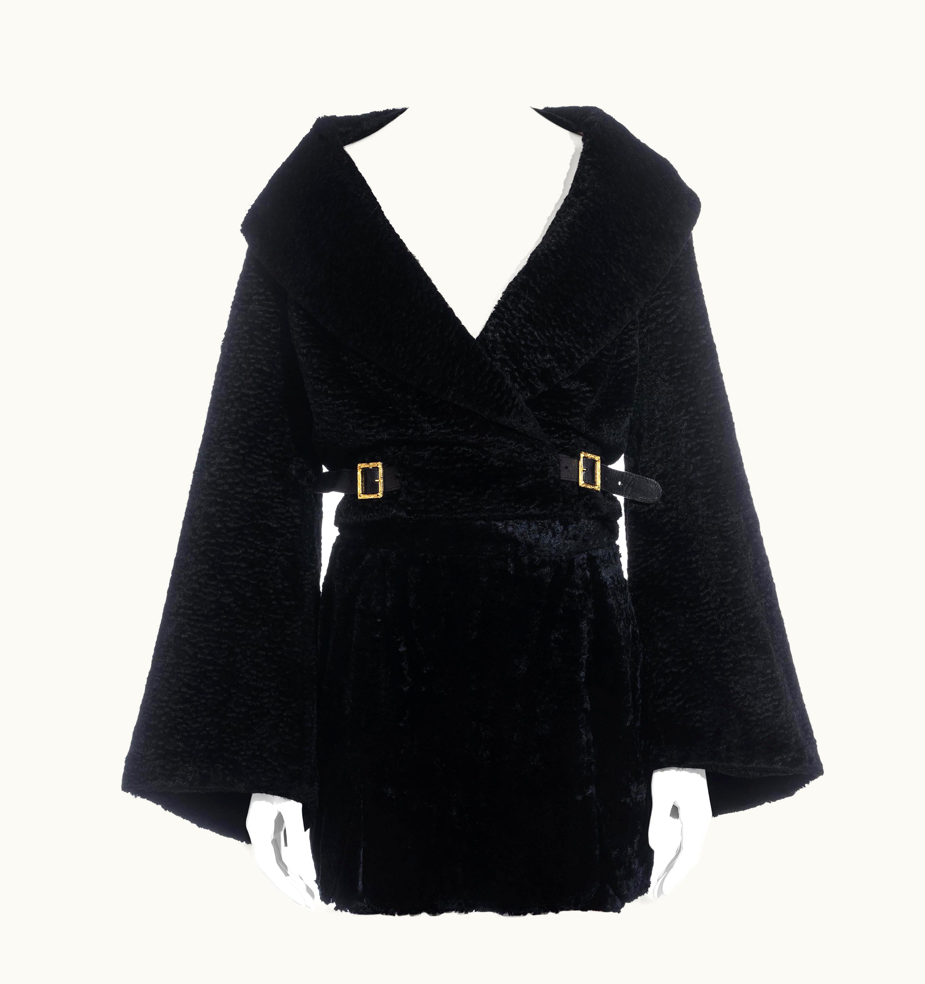 Vivienne Westwood Vivienne Westwood Black Faux Fur Wrap Jacket And Mini Skirt Suit, AW 1994
