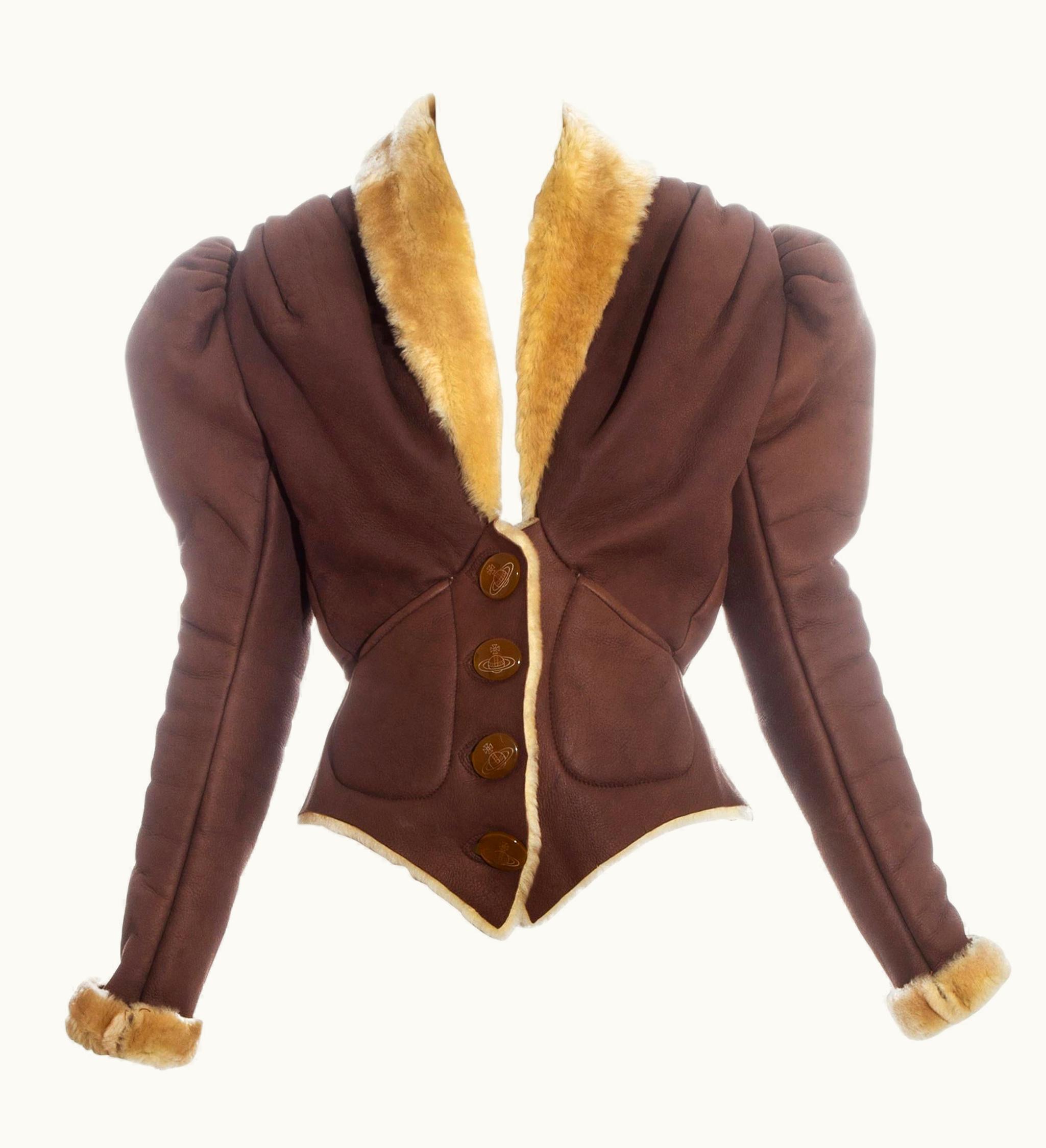 Vivienne Westwood Vivienne Westwood Brown Leather Sheepskin Puff Sleeve Jacket, AW 1995