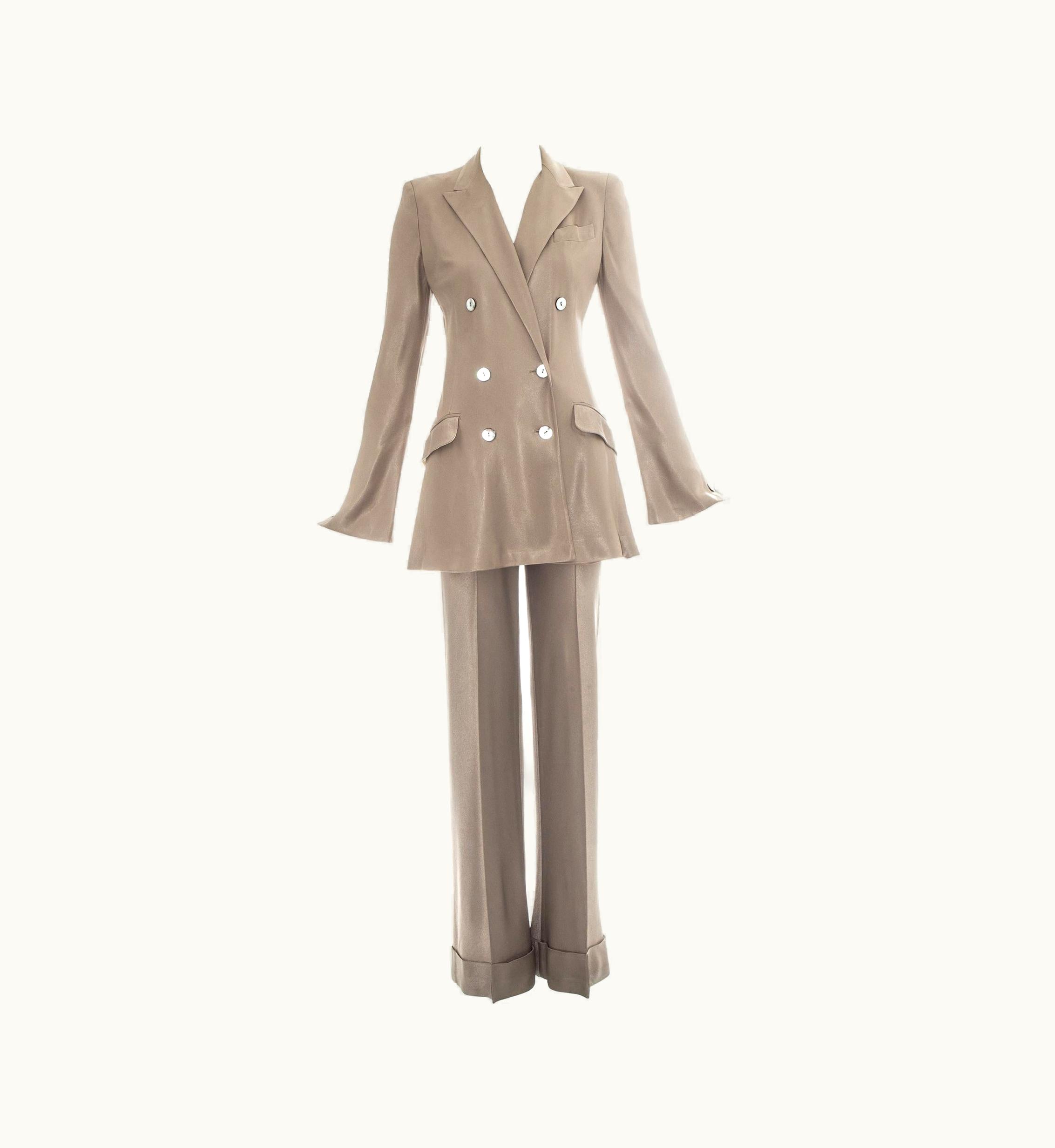 John Galliano John Galliano Taupe Satin Double Breasted Pant Suit, S/S 1995